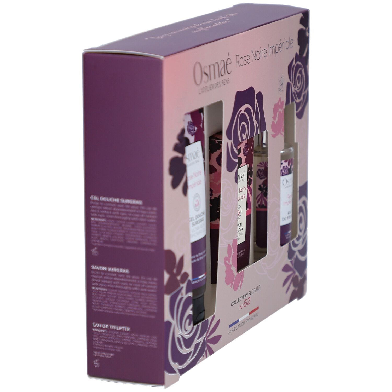 Emballage du coffret cadeau avec gel douche, savon et eau de toilette. Vue latérale avec motifs floraux.