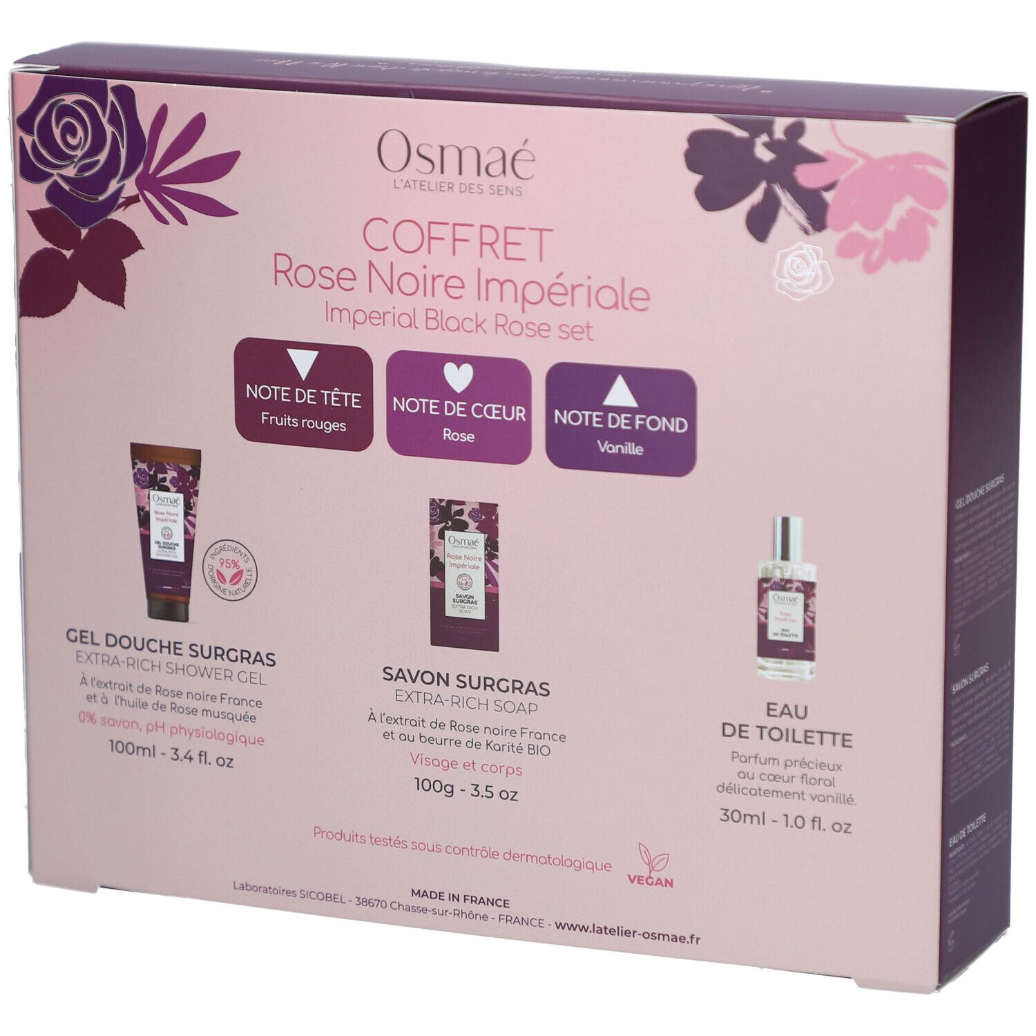 Dos du coffret cadeau avec nom du produit et informations. Label végan.