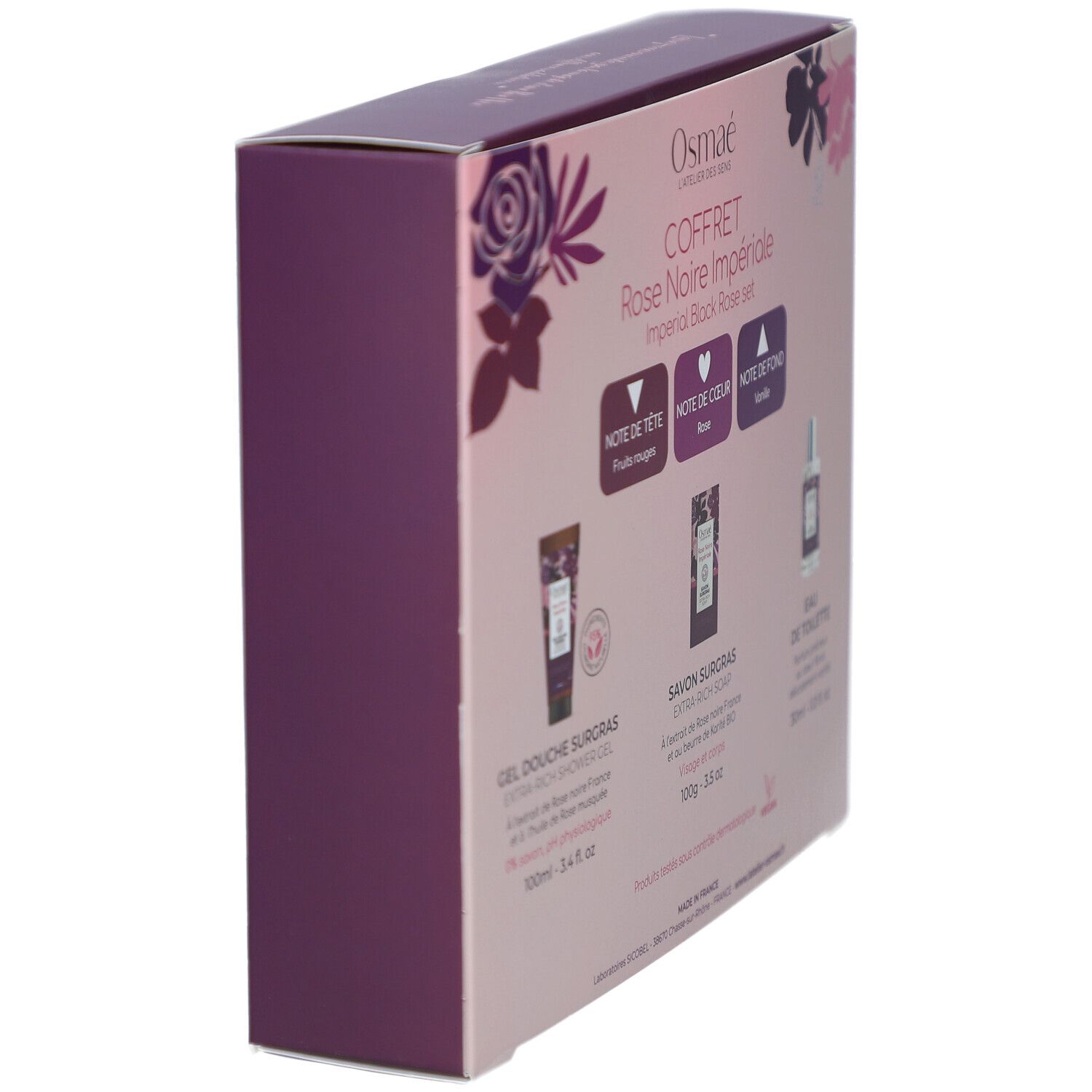 Emballage du coffret cadeau avec gel douche, savon et eau de toilette. Vue latatérale oblique.