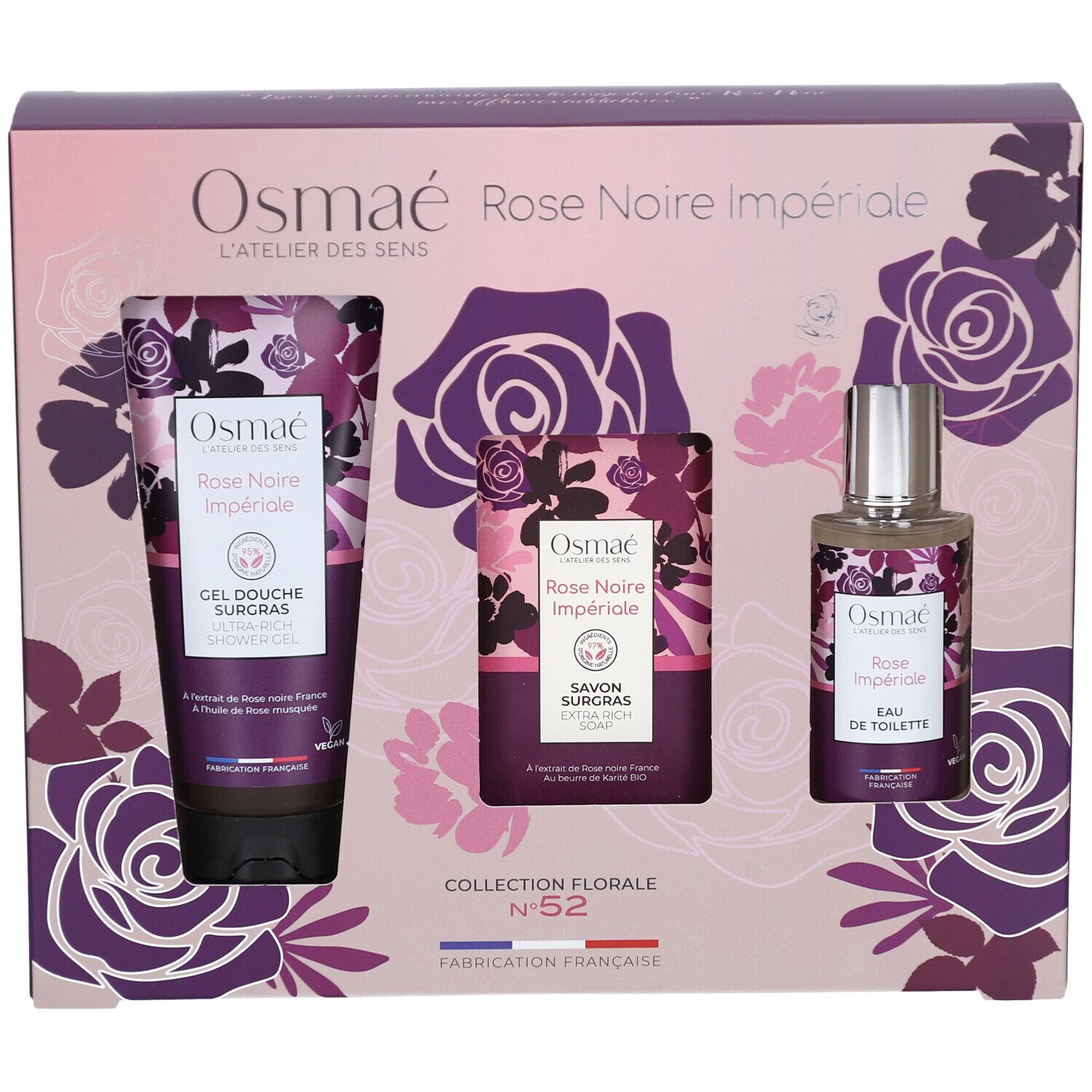 Coffret cadeau avec gel douche, savon et eau de toilette. Emballage avec motifs floraux.