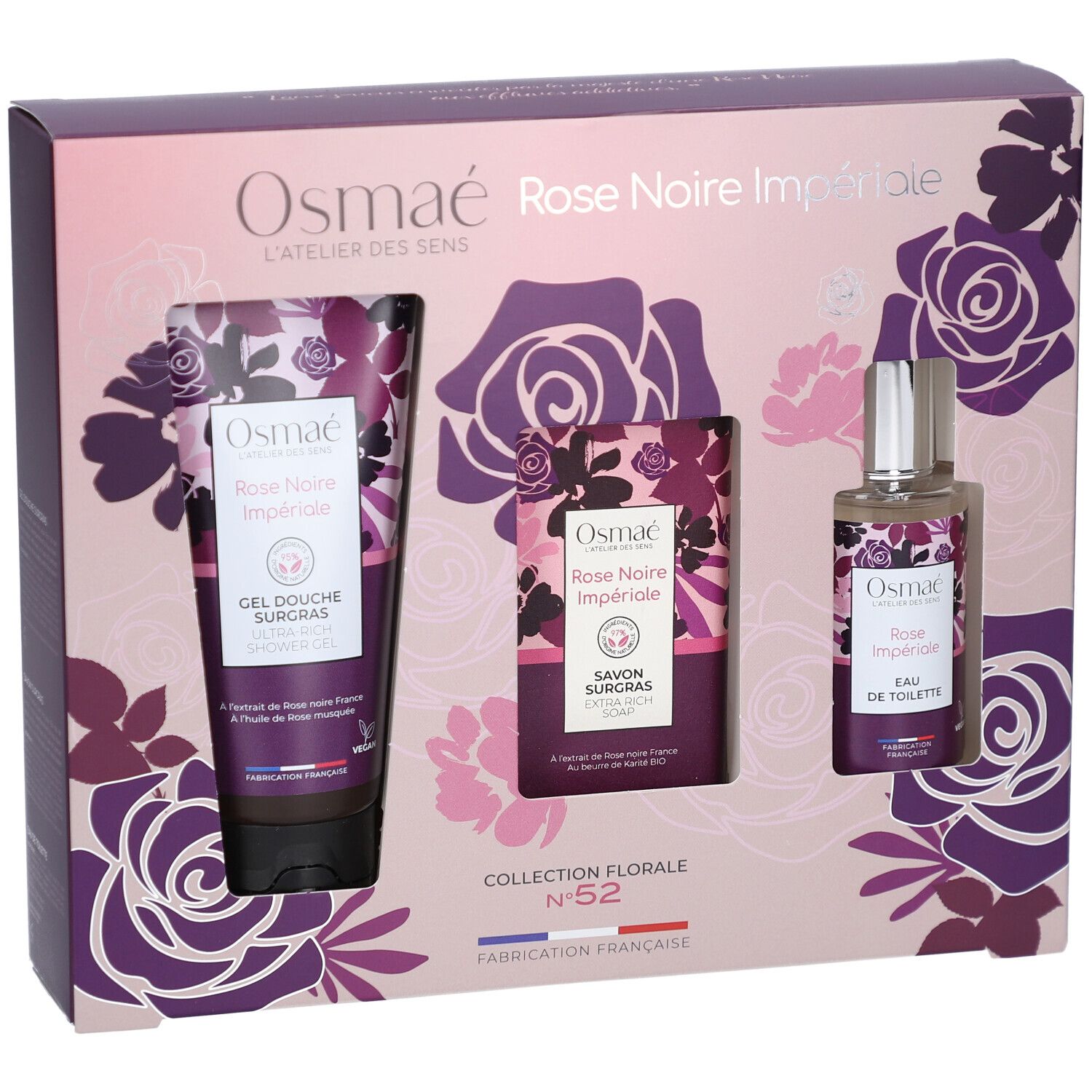 Coffret cadeau avec gel douche, savon et eau de toilette. Emballage avec motifs floraux.