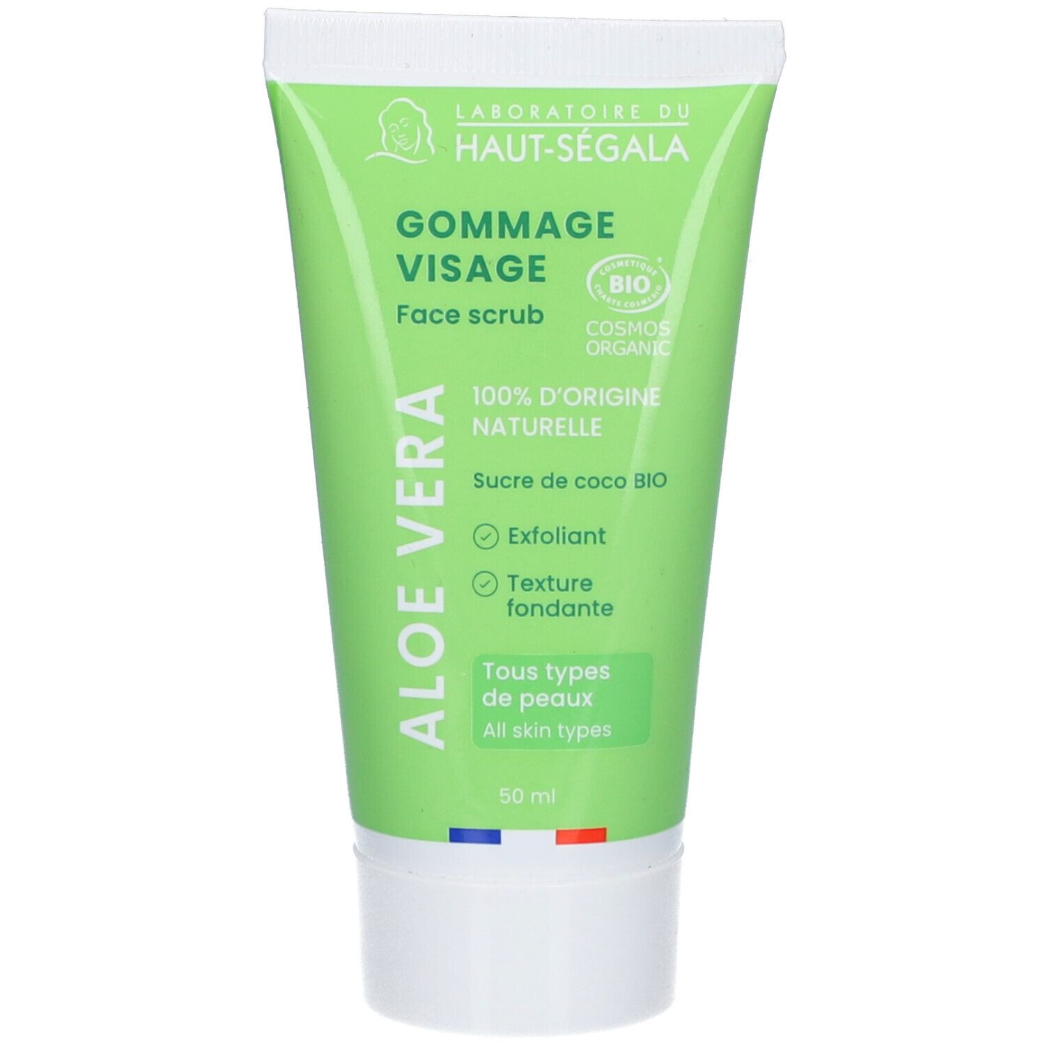 Groene tube met witte dop. Opschrift: Gommage Visage, Aloe Vera, Face Scrub. Bio-certificering.