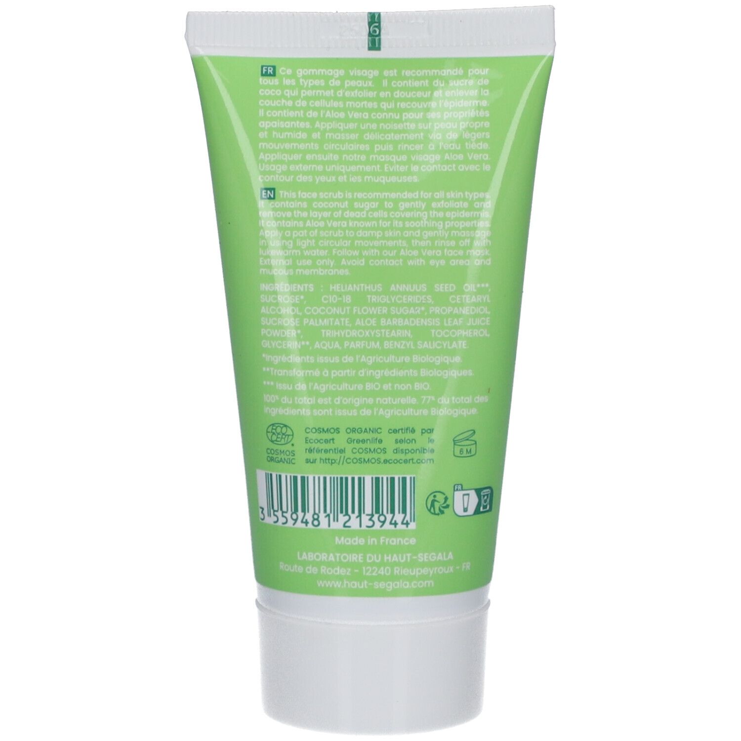 Achterkant van de groene tube. Tekst in meerdere talen. Bio-certificering. Streepjescode en fabrikantinfo.