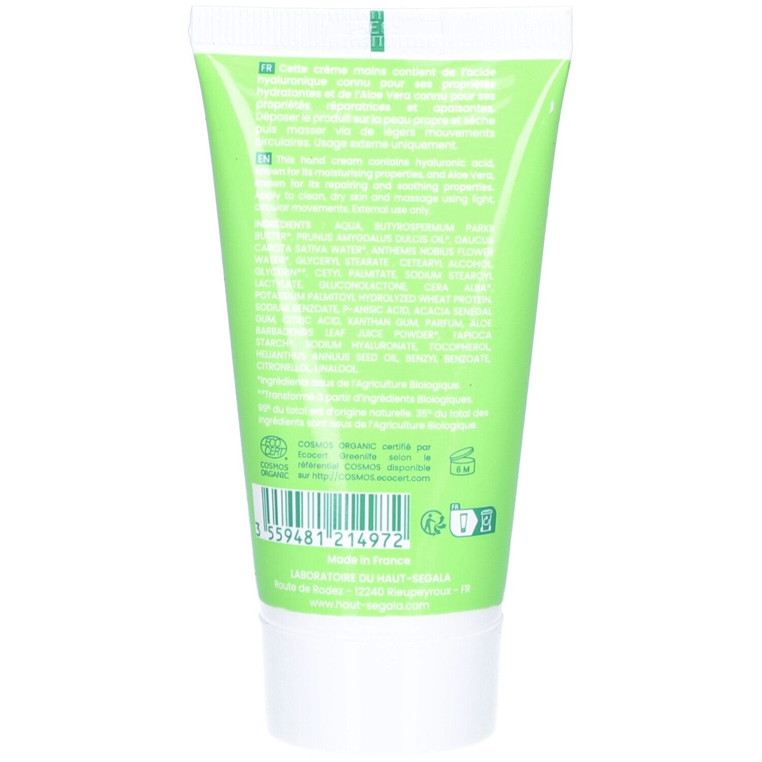 Dos du tube vert Crème Mains Aloe Vera. Texte, ingrédients, label bio, code-barres, bouchon blanc.