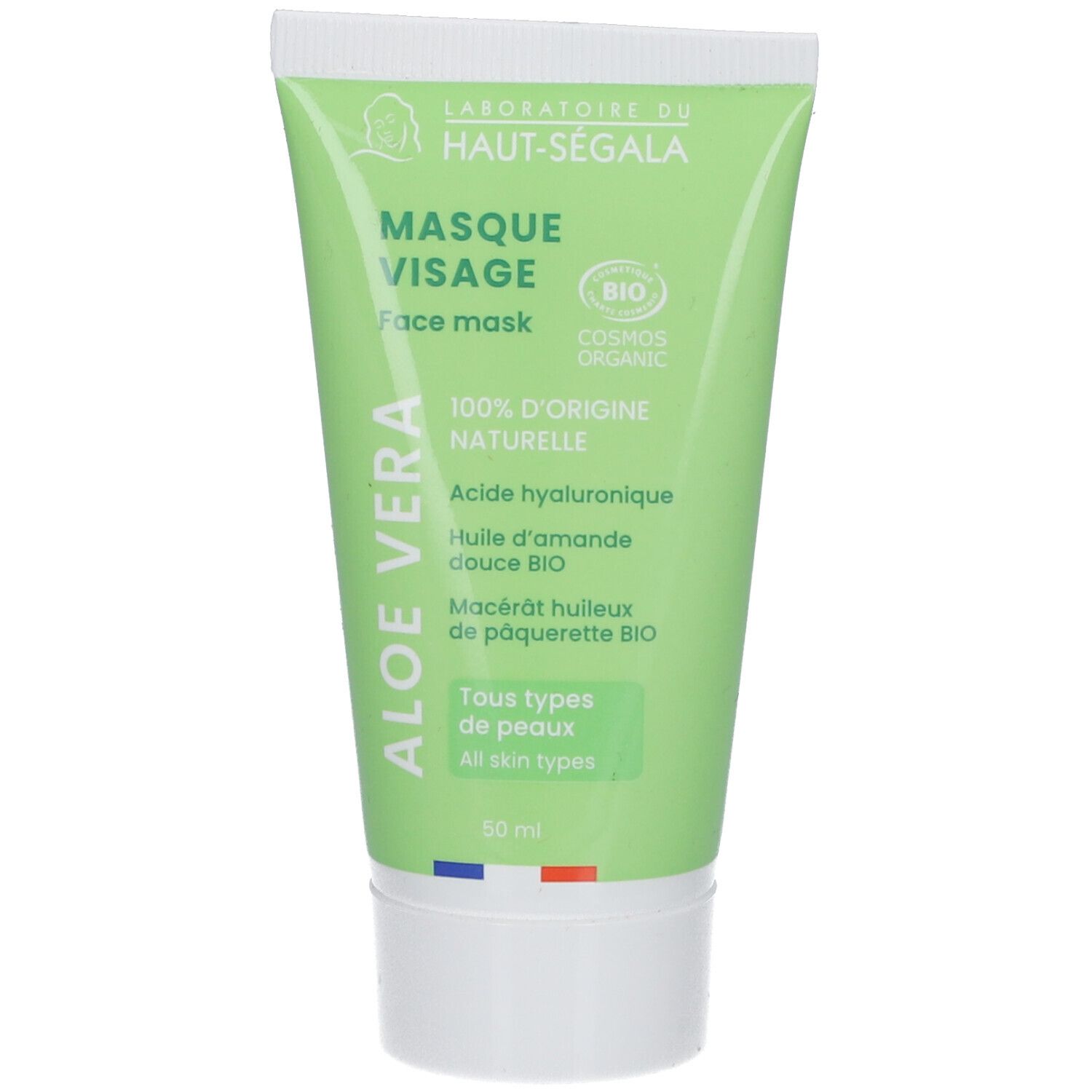 Groene tube 'Masque Visage Aloe Vera'. Bio-certificering, Franse vlag. Bevat hyaluronzuur en amandelolie.