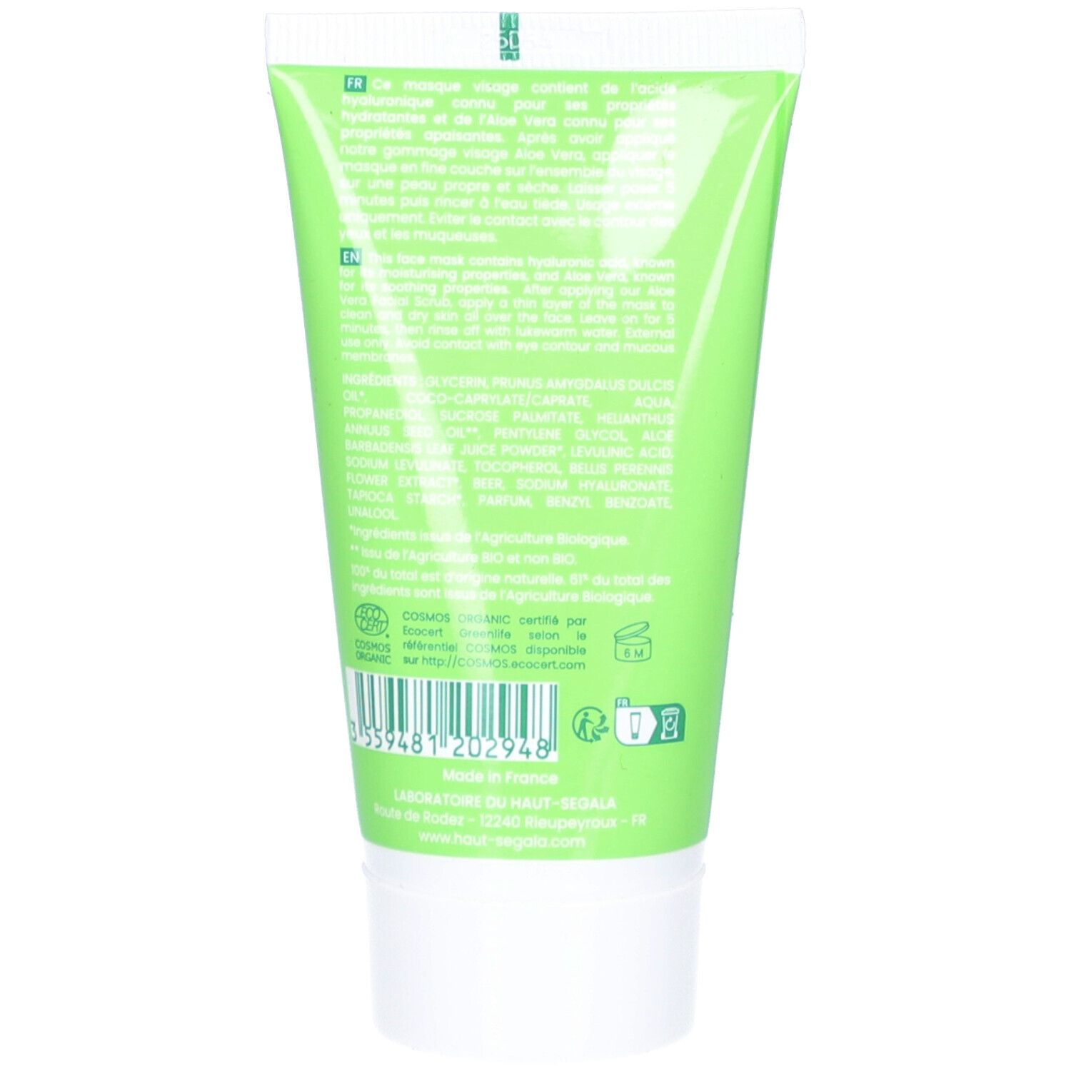 Achterkant van de groene tube. Tekst, ingrediënten, bio-certificering en recyclingsymbolen. Gemaakt in Frankrijk.