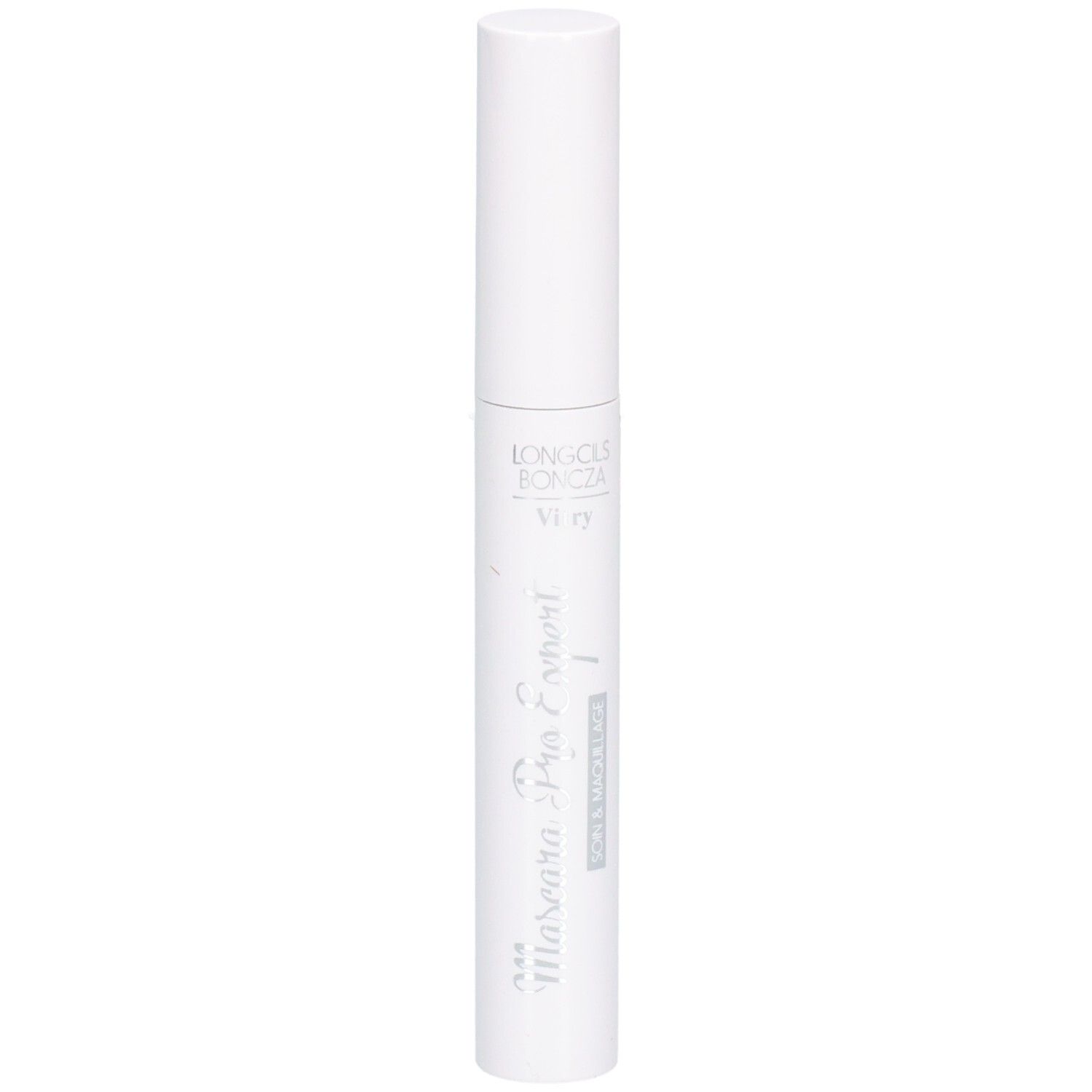 Witte mascara-tube met witte dop. Opschrift: Mascara Pro'Expert, Vitry. Verticale weergave.