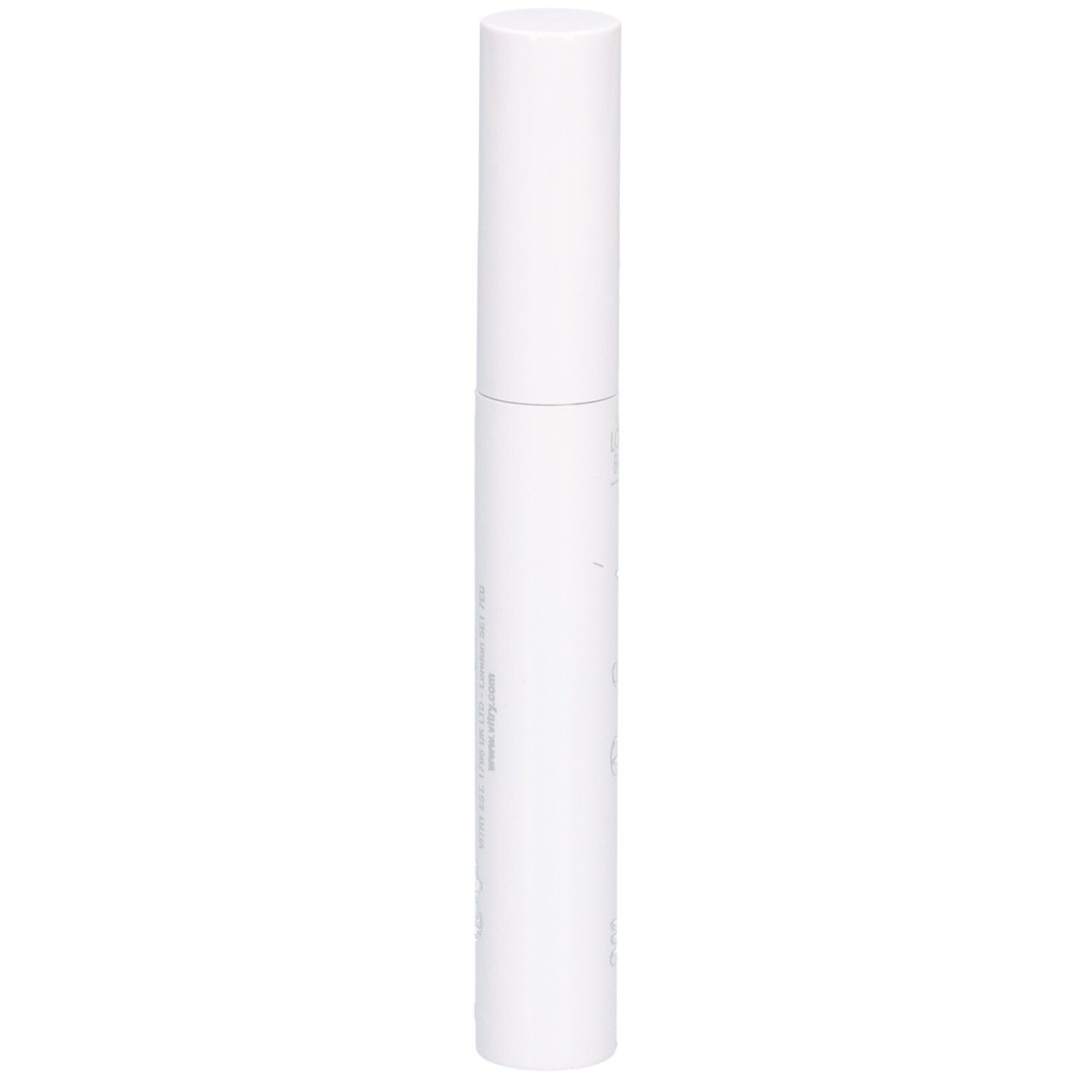 Witte mascara-tube met witte dop. Verticale weergave.
