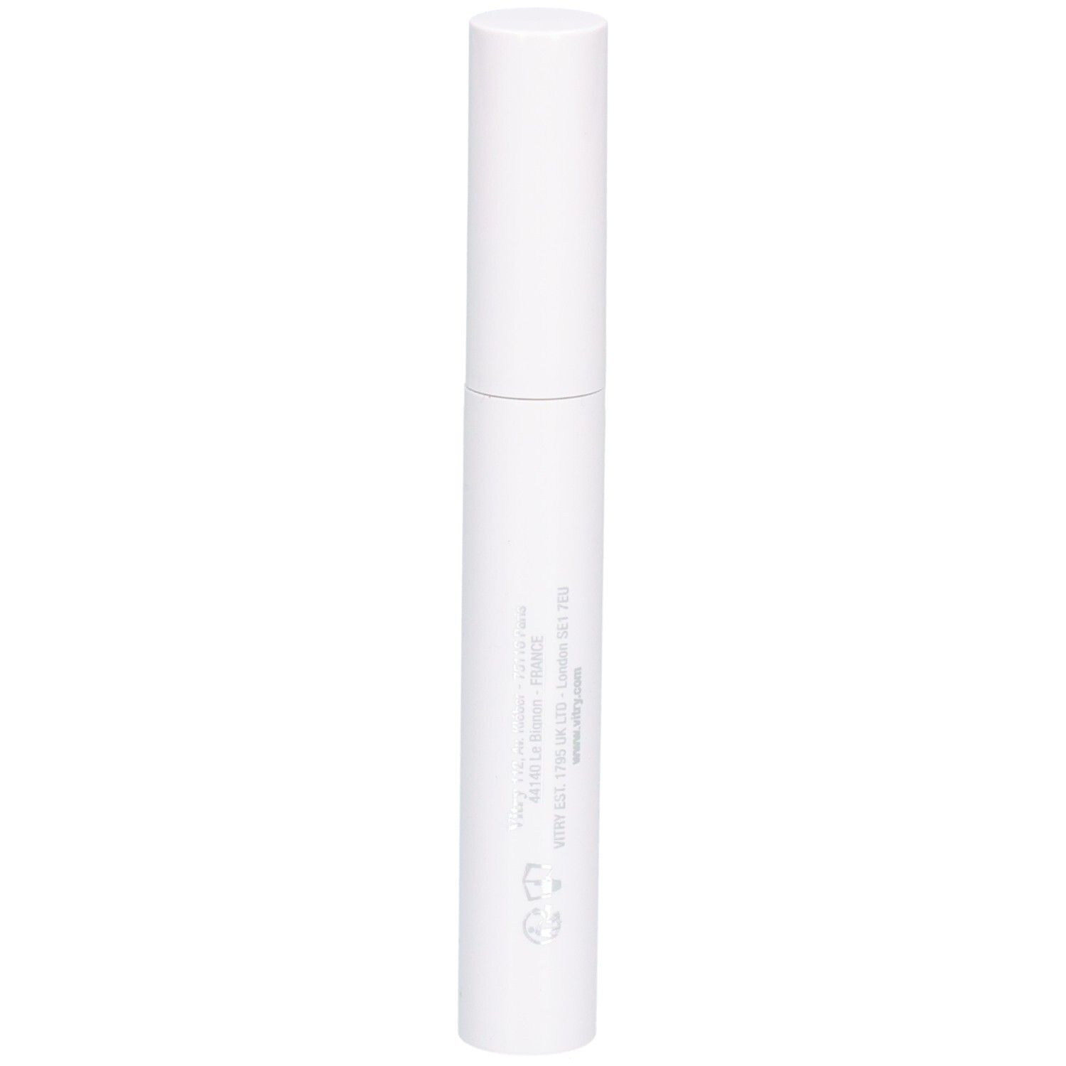 Witte mascara-tube met witte dop. Opschrift. Verticale weergave.