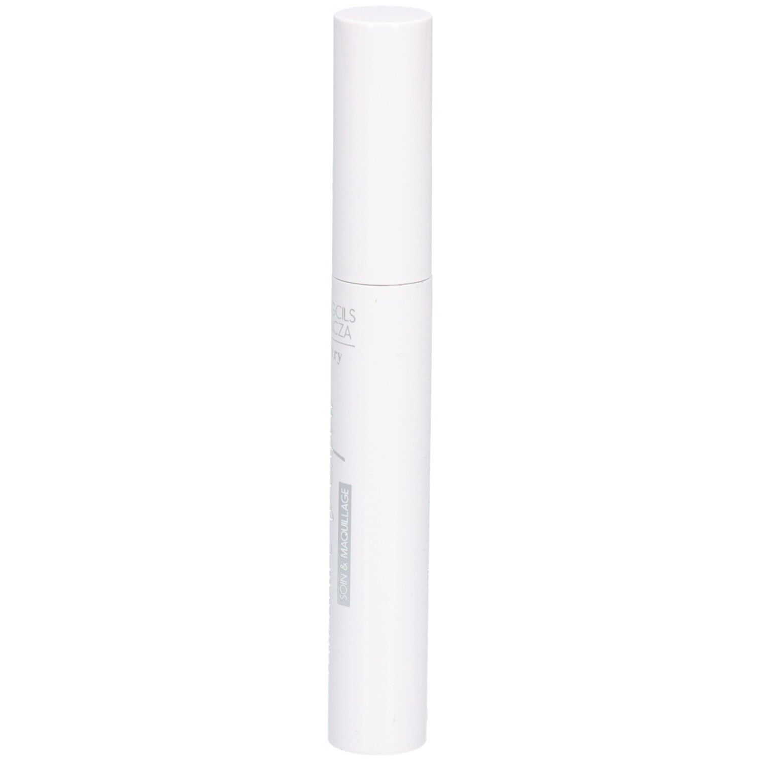 Witte mascara-tube met witte dop. Verticale weergave.