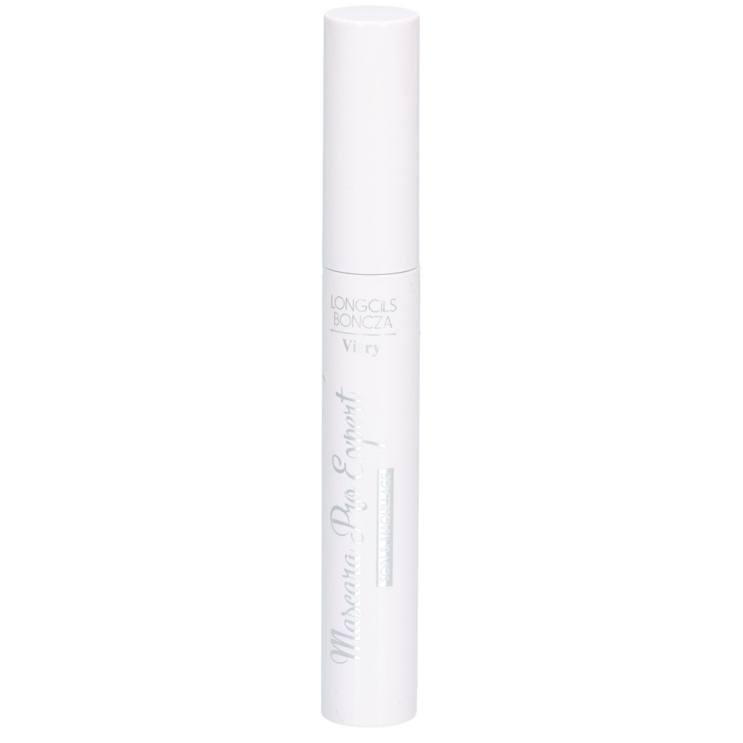 Witte mascara-tube met witte dop. Opschrift: Mascara Pro Expert, Vitry. Verticale weergave.