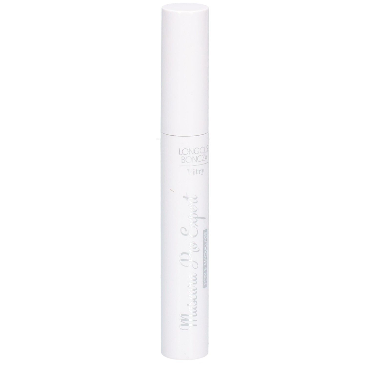 Witte mascara-tube met witte dop. Opschrift. Verticale weergave.