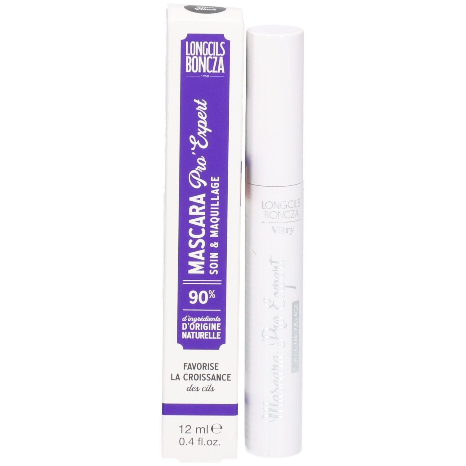Mascara-tube en verpakking. Verpakking: paars, met opschrift Mascara Pro'Expert, 90% natuurlijke ingrediënten.