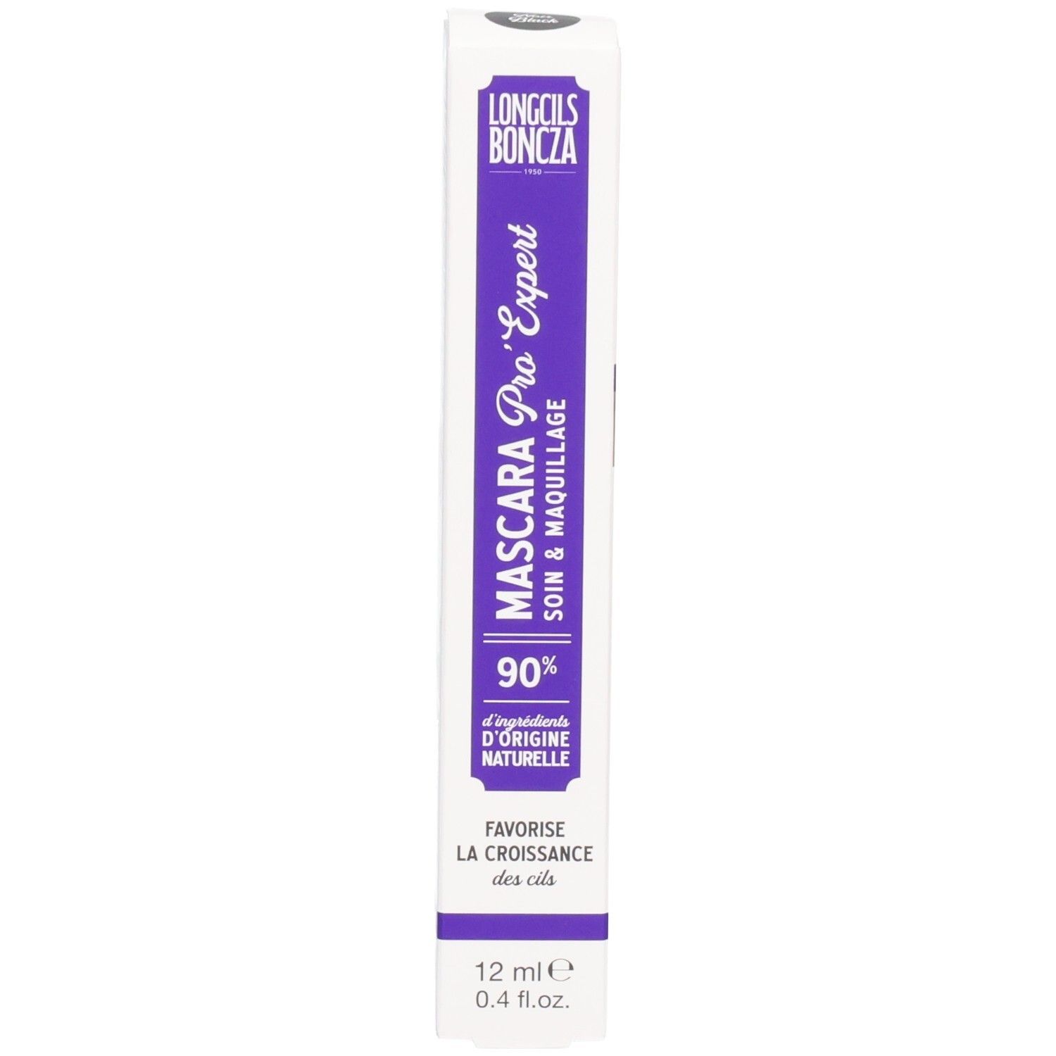 Paarse verpakking met opschrift Mascara Pro'Expert, 90% natuurlijke ingrediënten. Verticale weergave.