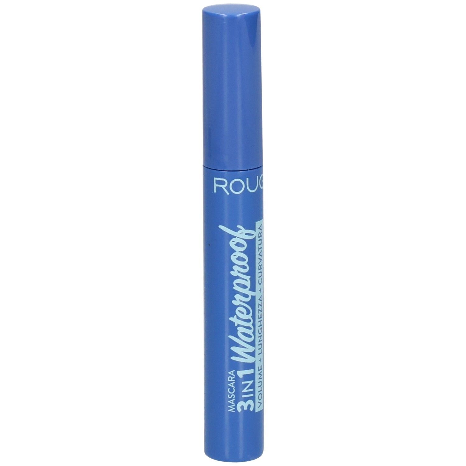 Tube de mascara bleu avec inscription "3IN1 Waterproof".