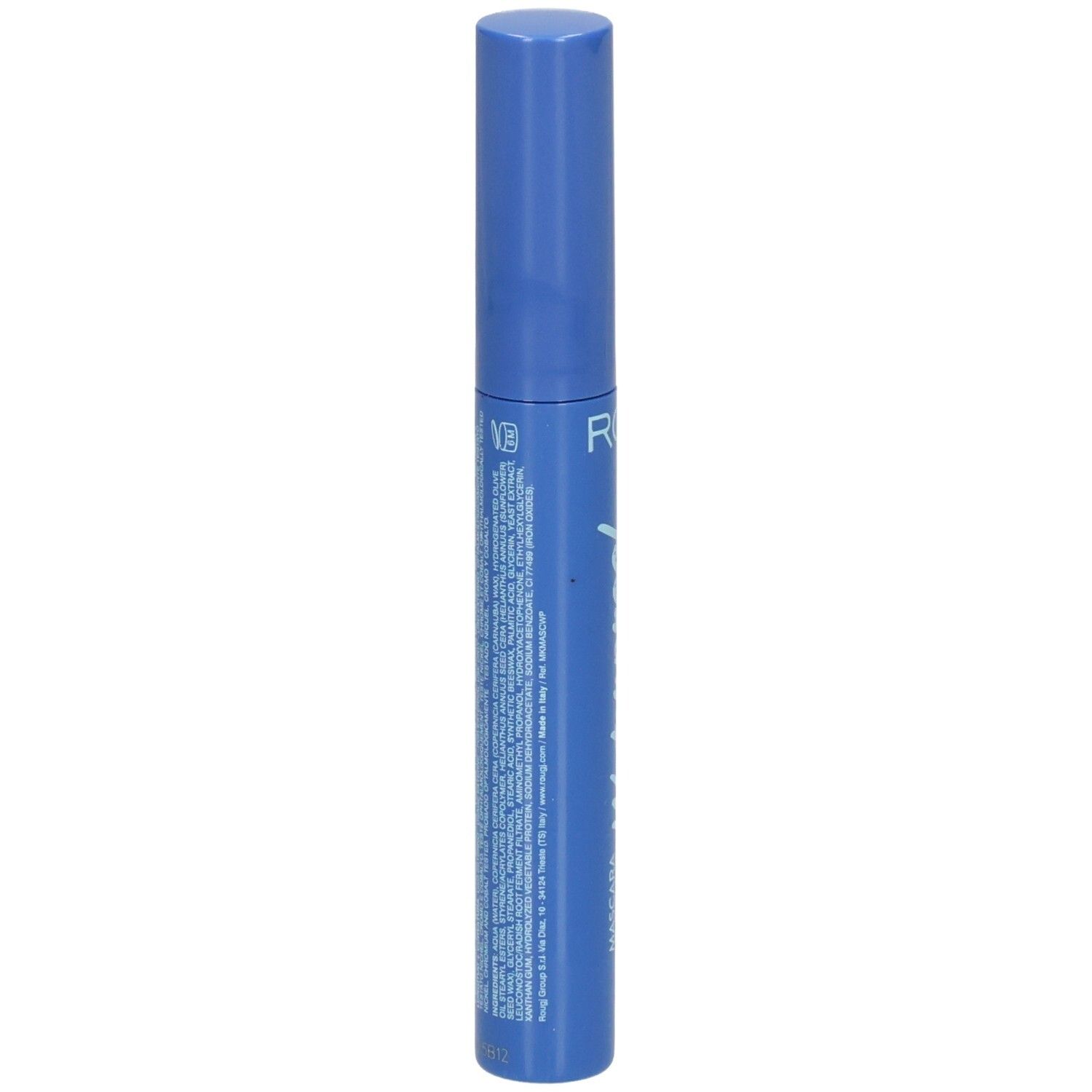 Tube de mascara bleu avec inscription blanche et logo R.