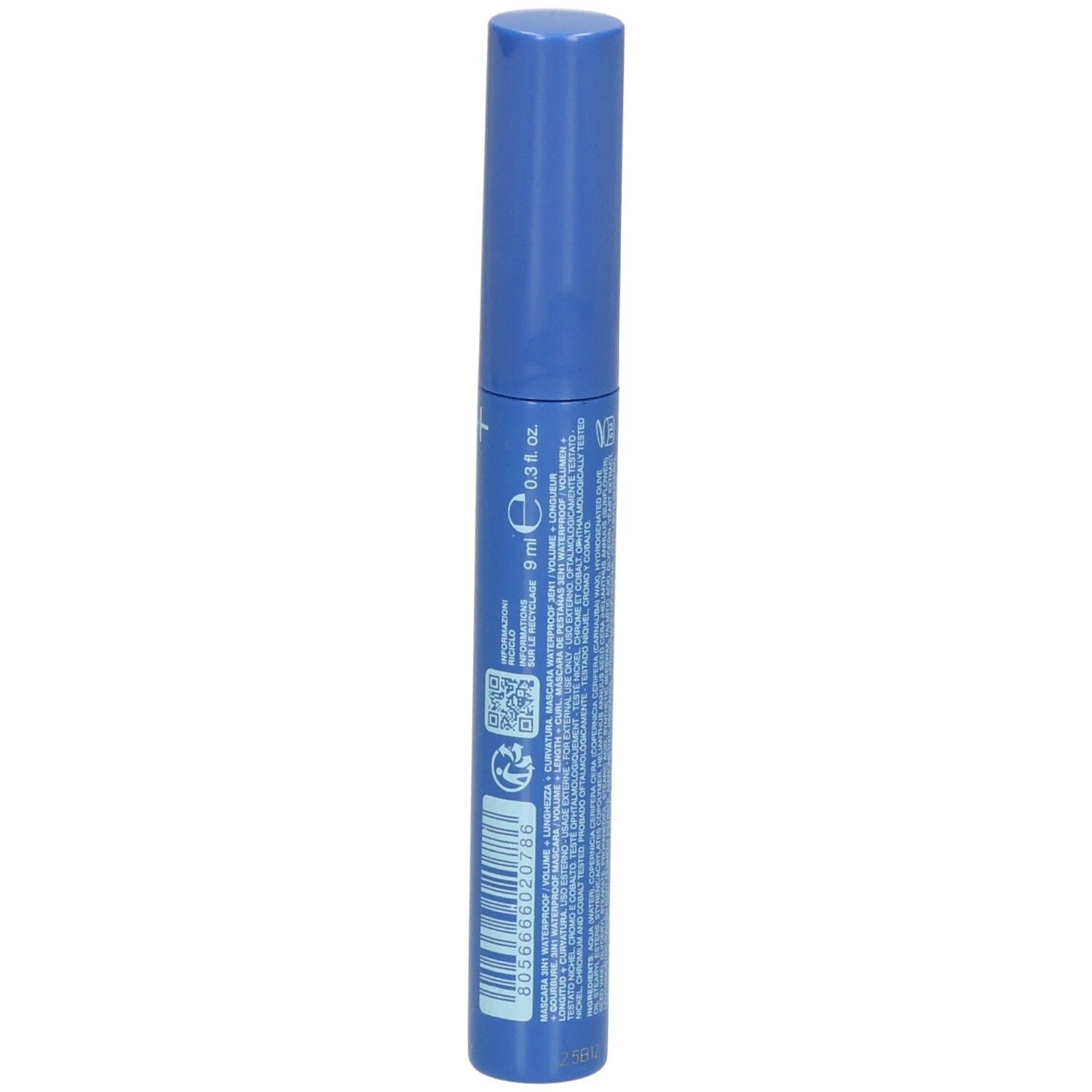 Tube de mascara bleu avec des détails de texte blancs et un code QR.