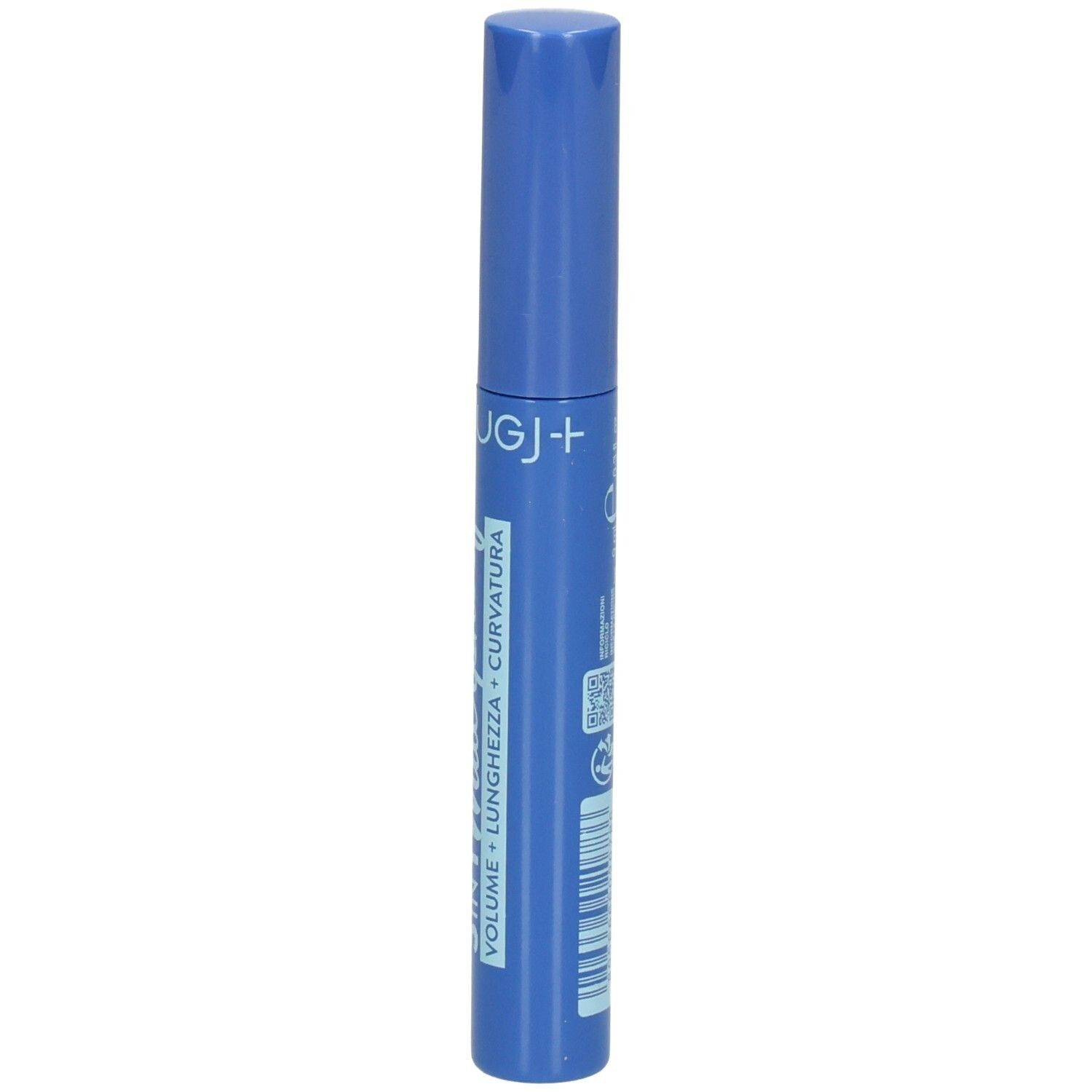Tube de mascara bleu avec inscription argentée indiquant 'VOLUME + LONGUEUR + COURBURE'.