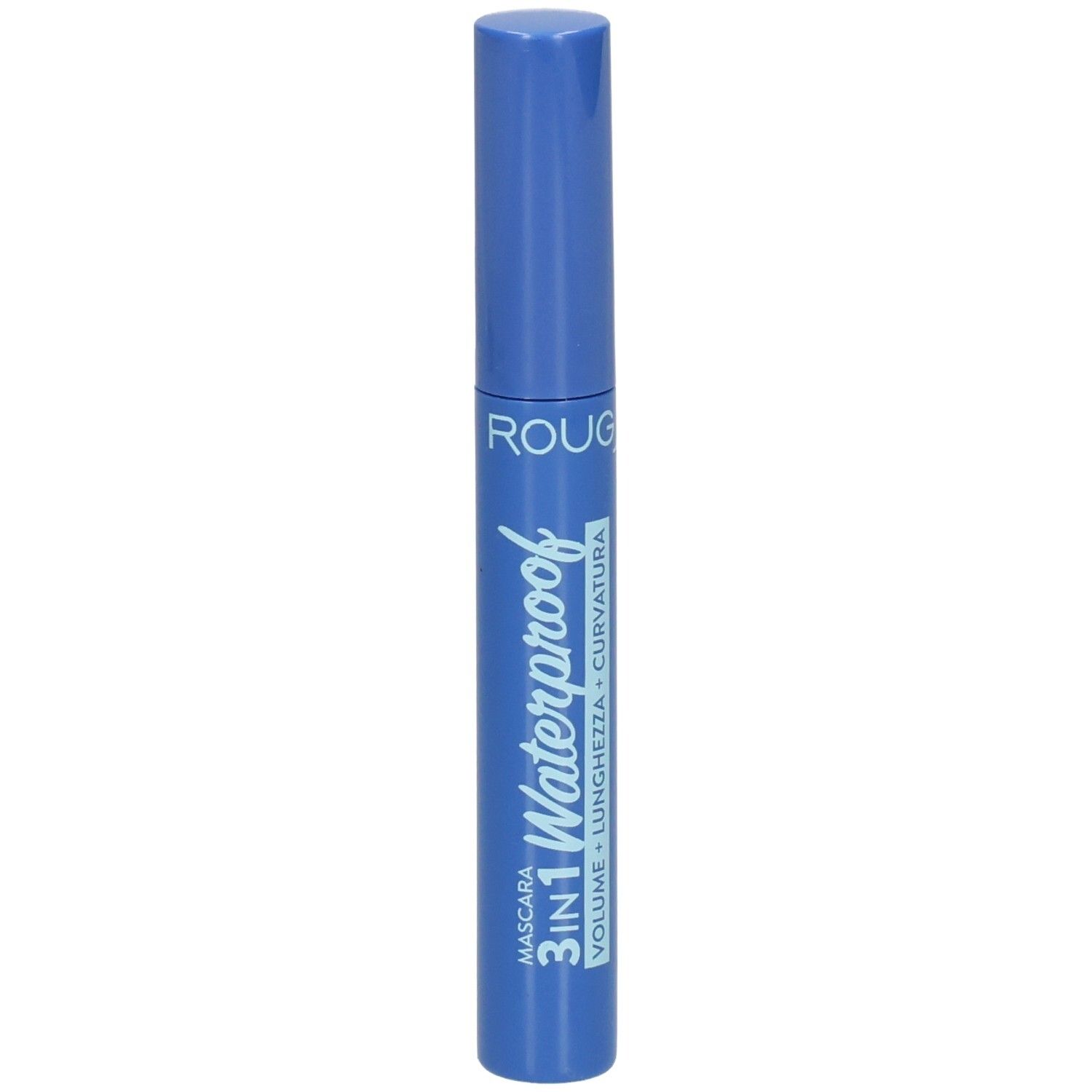 Emballage bleu de mascara marqué "ROUG 3IN1 Waterproof".