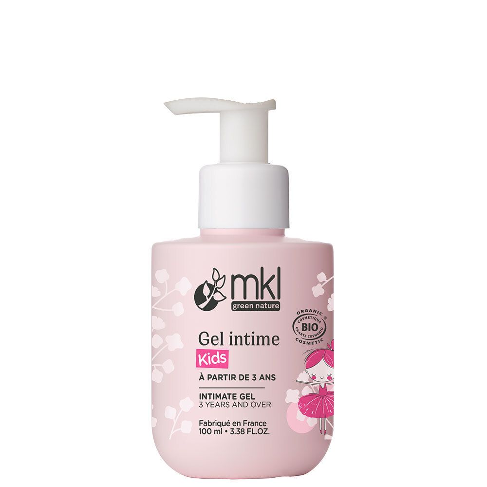 Roze fles met witte pomp. Opschrift: Gel intime Kids, vanaf 3 jaar. Bio-certificering.