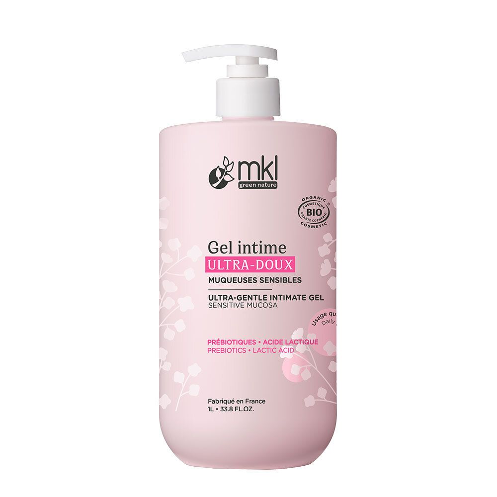 Roze fles met pomp. Opschrift: Gel intime Ultra-Doux. Merk: mkl green nature. Bio-certificering.