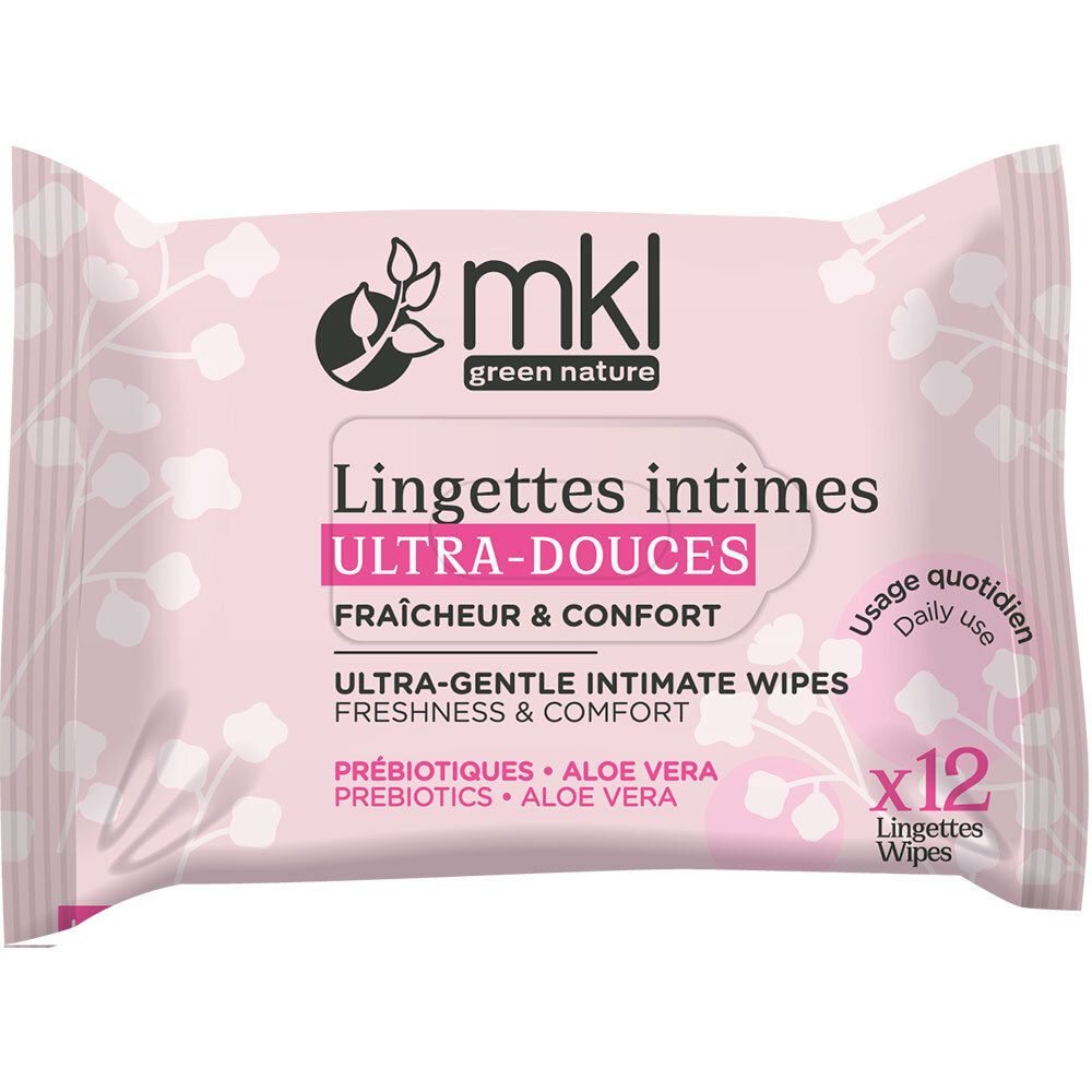 Roze verpakking met "mkl green nature" en "Lingettes intimes". Tekst: Ultra-Douces, Fraîcheur & Confort, x12. Prebiotica, Aloë Vera.