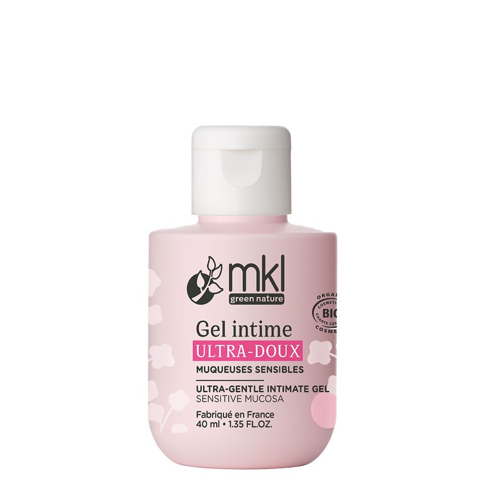 Roze fles met witte klapdop. Opschrift: Gel intime Ultra-Doux. Logo: mkl green nature. Bio-certificering.