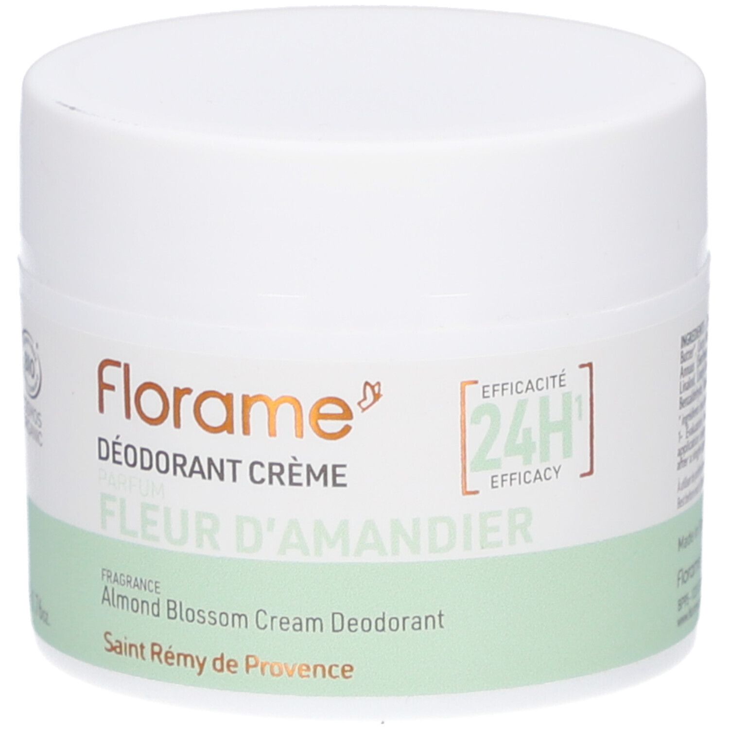 Pot blanc avec bande verte. Inscription: Florame, Déodorant Crème, Fleur d'Amandier. Efficacité 24H.