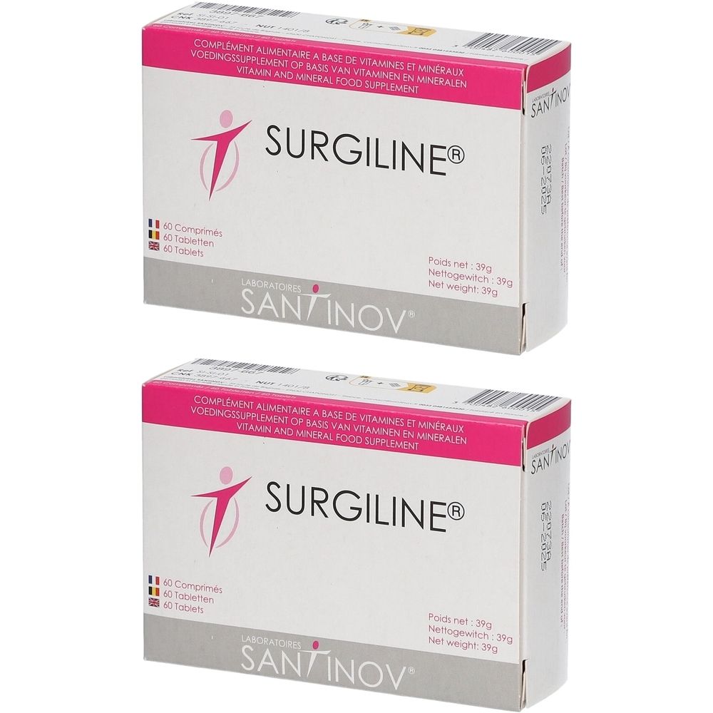 Twee witte dozen met roze accenten. Opschrift SURGILINE®, daaronder SANTINOV. Tekst: Voedingssupplement op basis van vitaminen en mineralen.