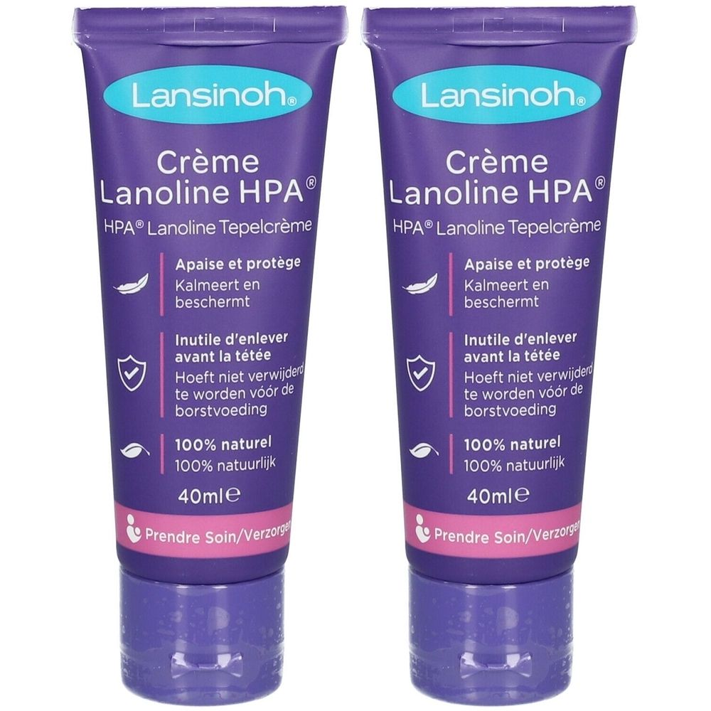 Twee crèmetubes. Paarse tubes met witte tekst. Opschrift: Lansinoh, Crème Lanoline HPA, 40ml. Tekst in het Duits, Frans en Nederlands.