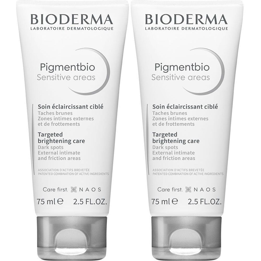 Twee tubes Bioderma Pigmentbio, verhelderende verzorging voor gevoelige zones. Wit, met tekst en logo.