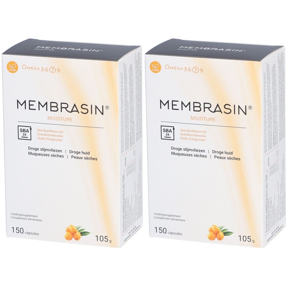 Twee Membrasin dozen. Opschrift: Moisture, SBA 24, Omega 3 6 9. 150 capsules. Illustratie van bessen.