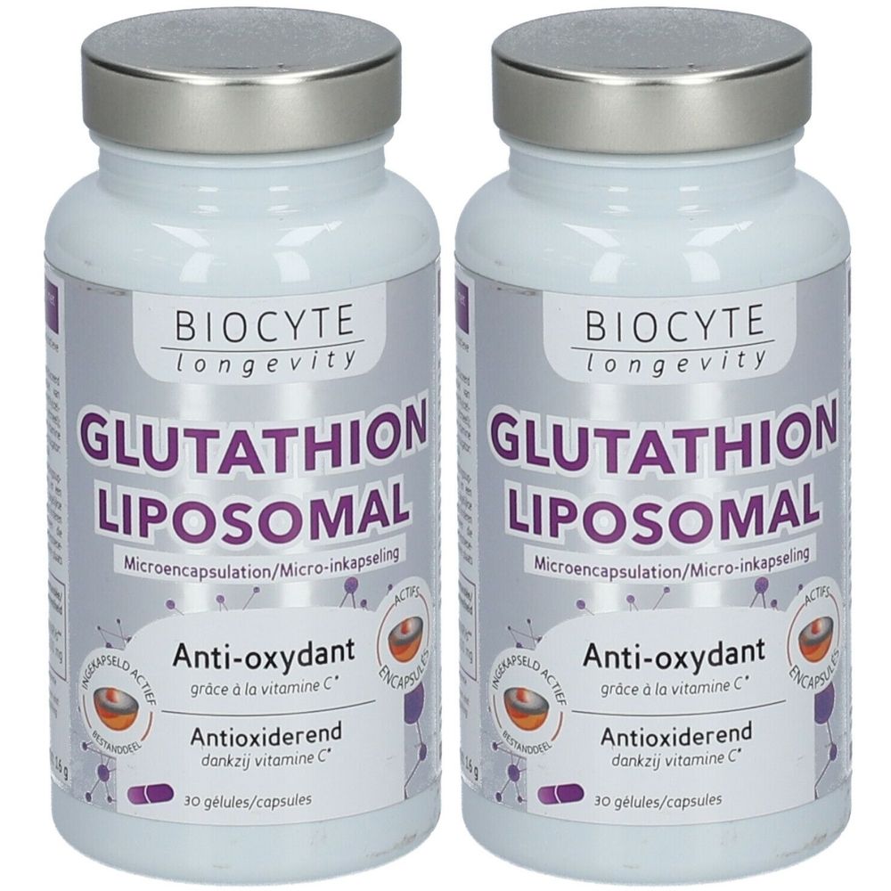 Twee flessen BIOCYTE Glutathion Liposomal. Zilveren doppen. Bevat 30 capsules. Anti-oxidant met vitamine C.