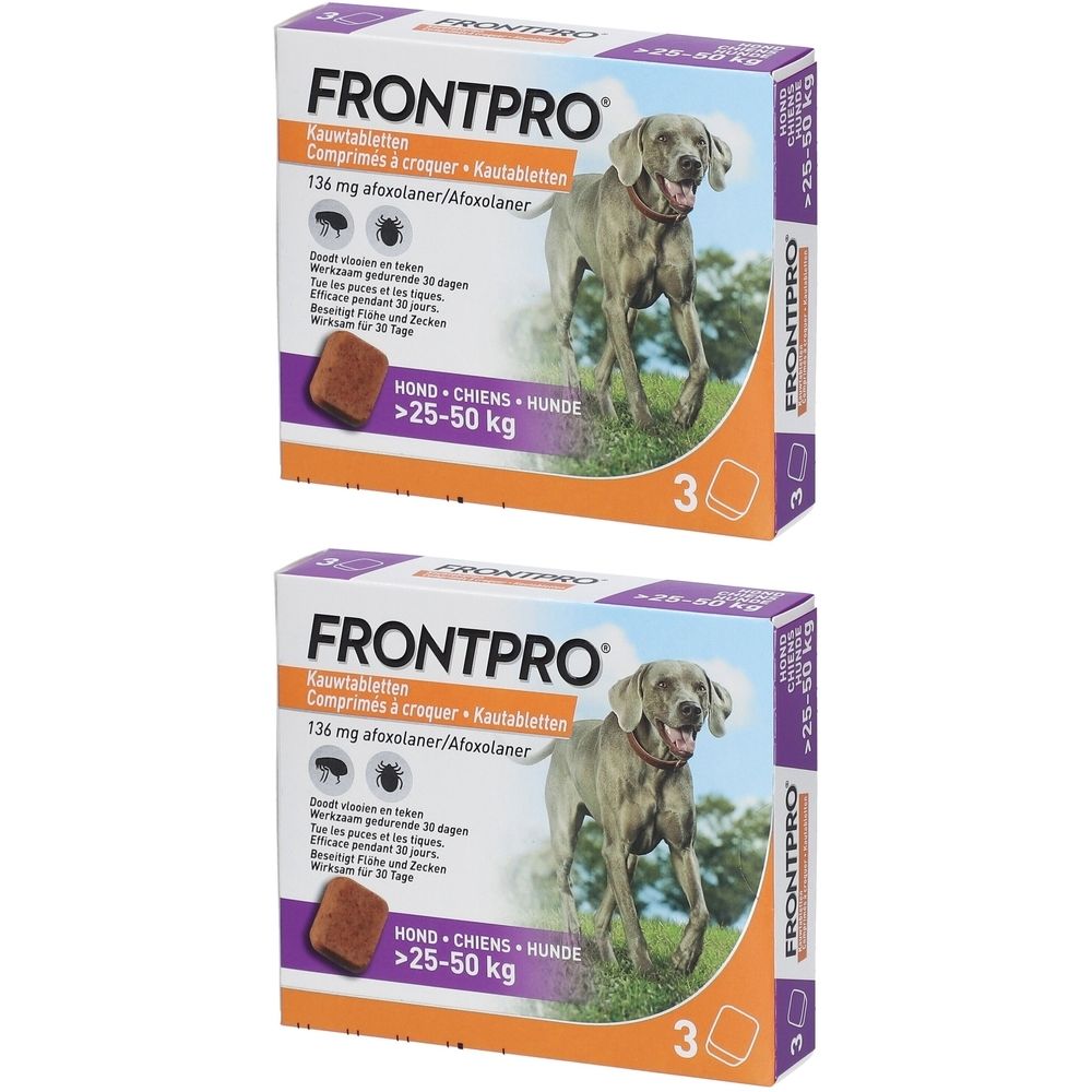 Twee dozen FRONTPRO kauwtabletten voor honden 25-50 kg. Opschrift: FRONTPRO, 136 mg afoxolaner, hond-symbool, 3 tabletten.