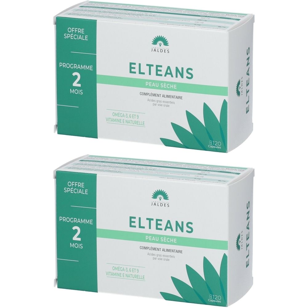 Twee witte dozen met "ELTEANS". Opschrift "Peau Seche" en "Complement Alimentaire". Groene accenten en logo. Speciale aanbieding, 2 maanden programma.