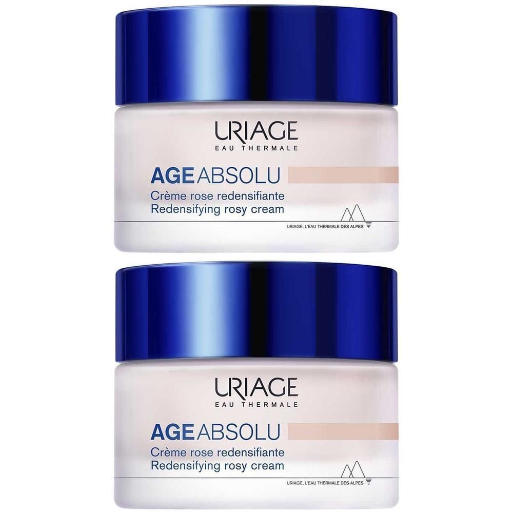 Twee potten Uriage Age Absolu Crème Rose Redensifiante met blauwe deksel. Opschrift.