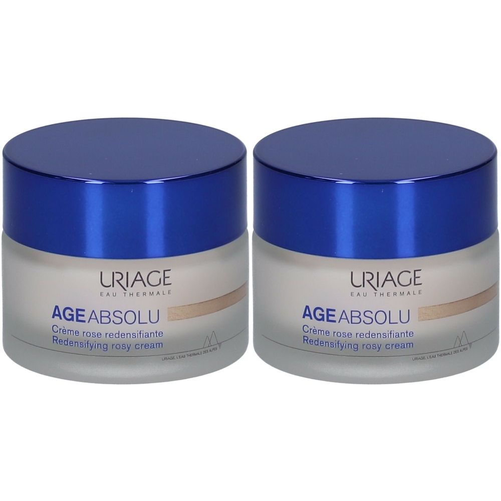 Deux pots de crème Uriage Age Absolu Crème Rose Redensifiante, couvercle bleu. Inscription.