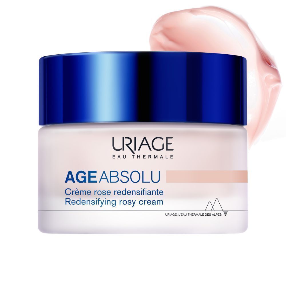 Un pot de crème Uriage Age Absolu Crème Rose Redensifiante, couvercle bleu. Inscription.