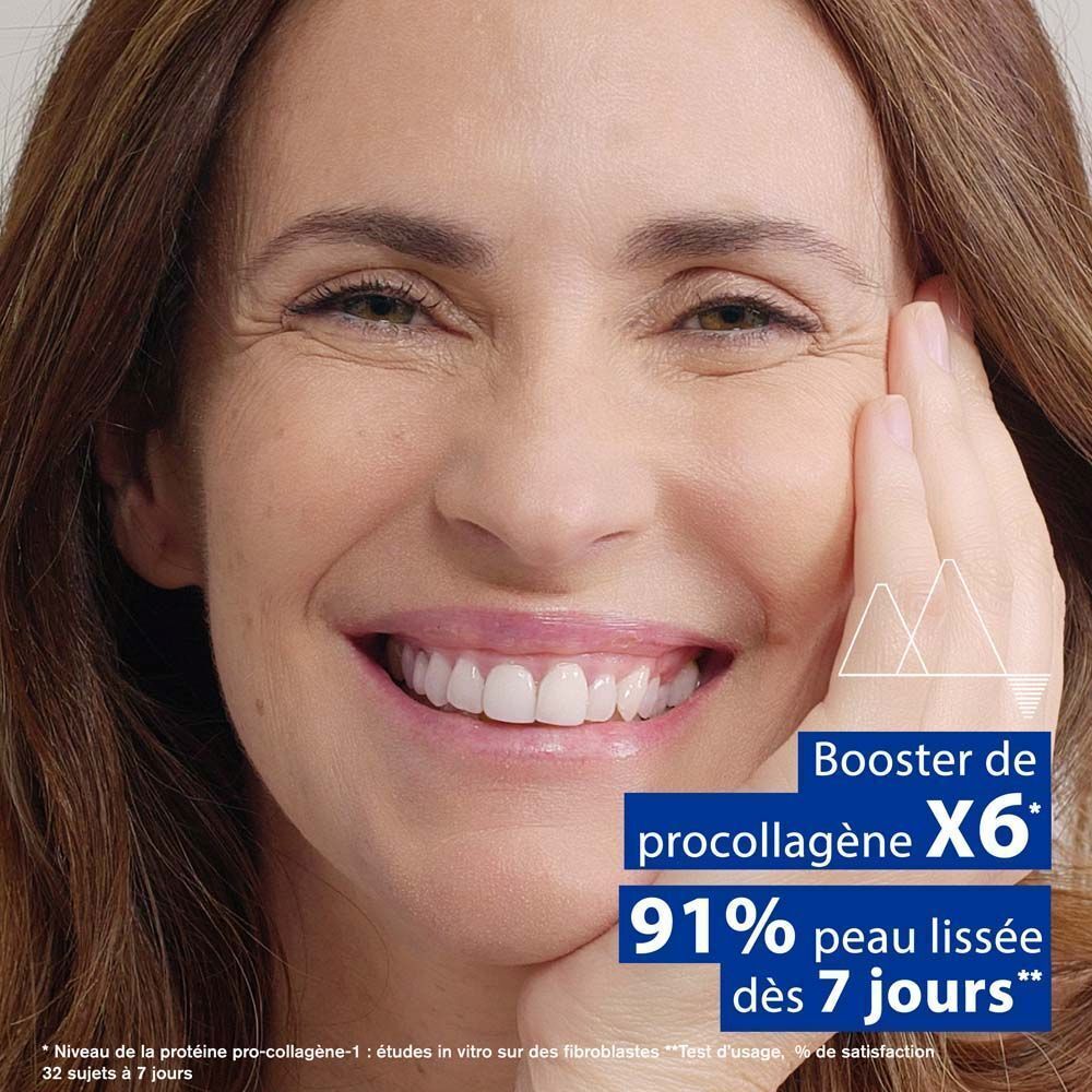 Femme avec crème sur le visage. Texte : Booster de procollagène X6, 91% peau lissée dès 7 jours.