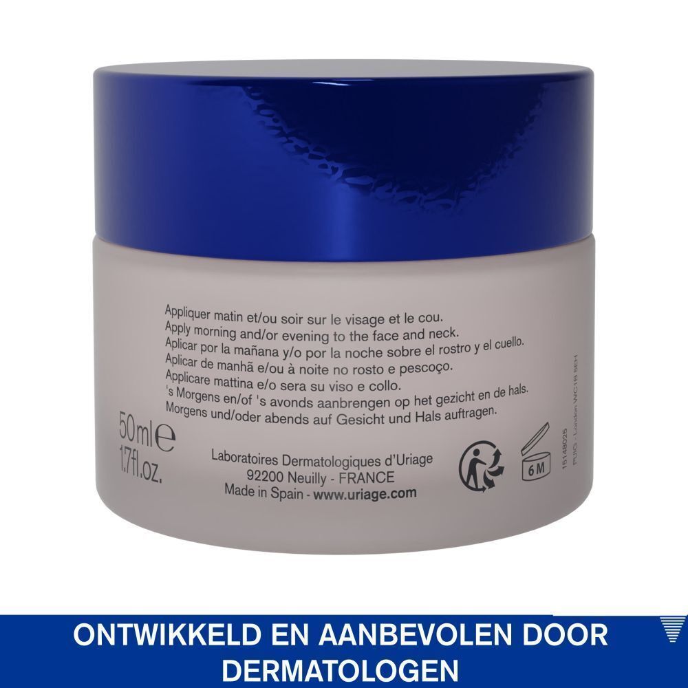 Achterkant van de pot. Tekst: Appliquer matin et/of soir, 50ml, Made in Spain, 6M.