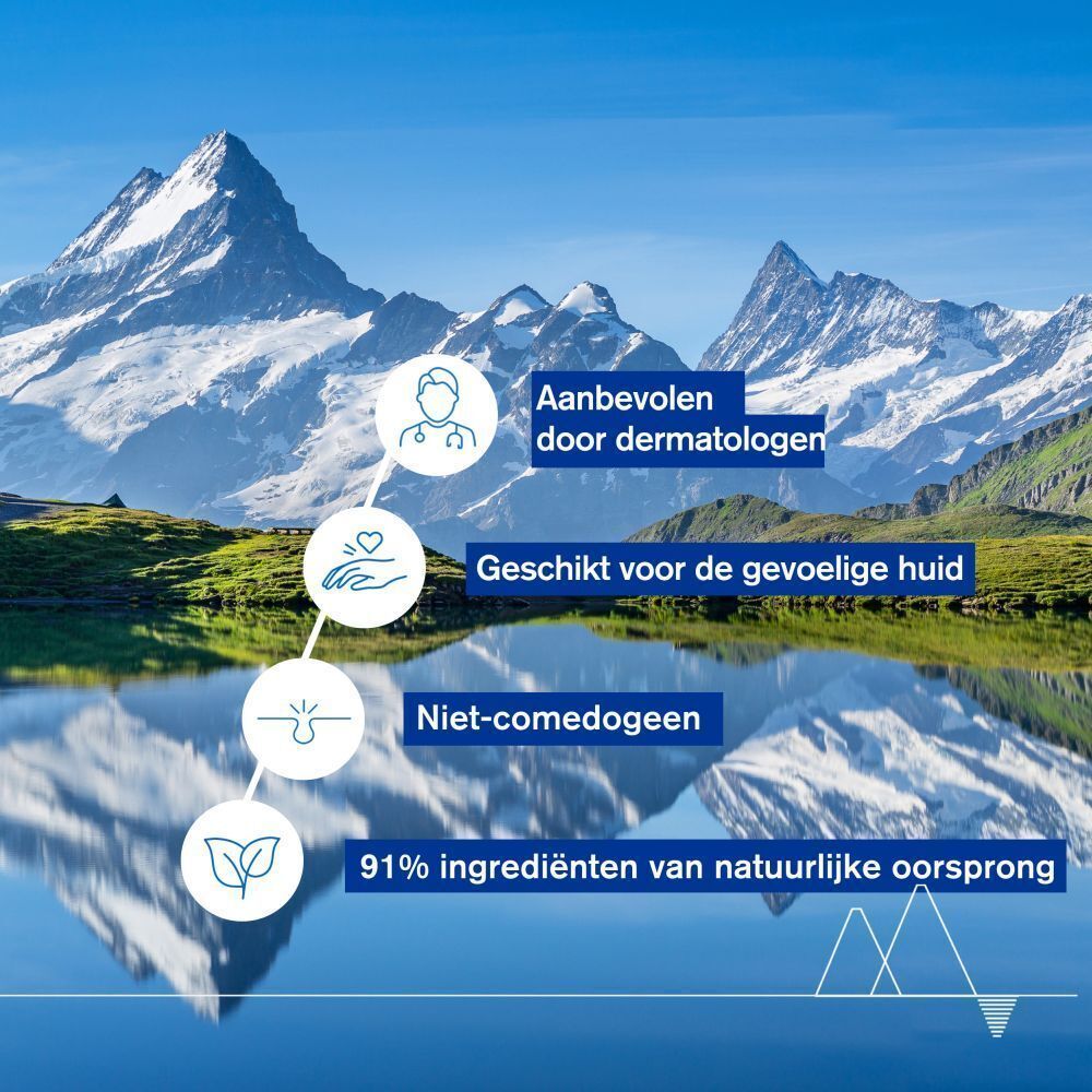 Landschap met bergen. Tekst: Aanbevolen door dermatologen, Geschikt voor de gevoelige huid.
