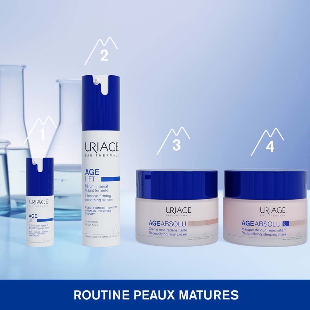Différents produits. Texte : Uriage Age Lift, Age Absolu Crème Rose, Age Absolu Masque.