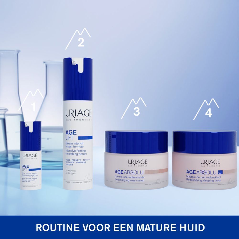 Verschillende producten. Tekst: Uriage Age Lift, Age Absolu Crème Rose, Age Absolu Masque.