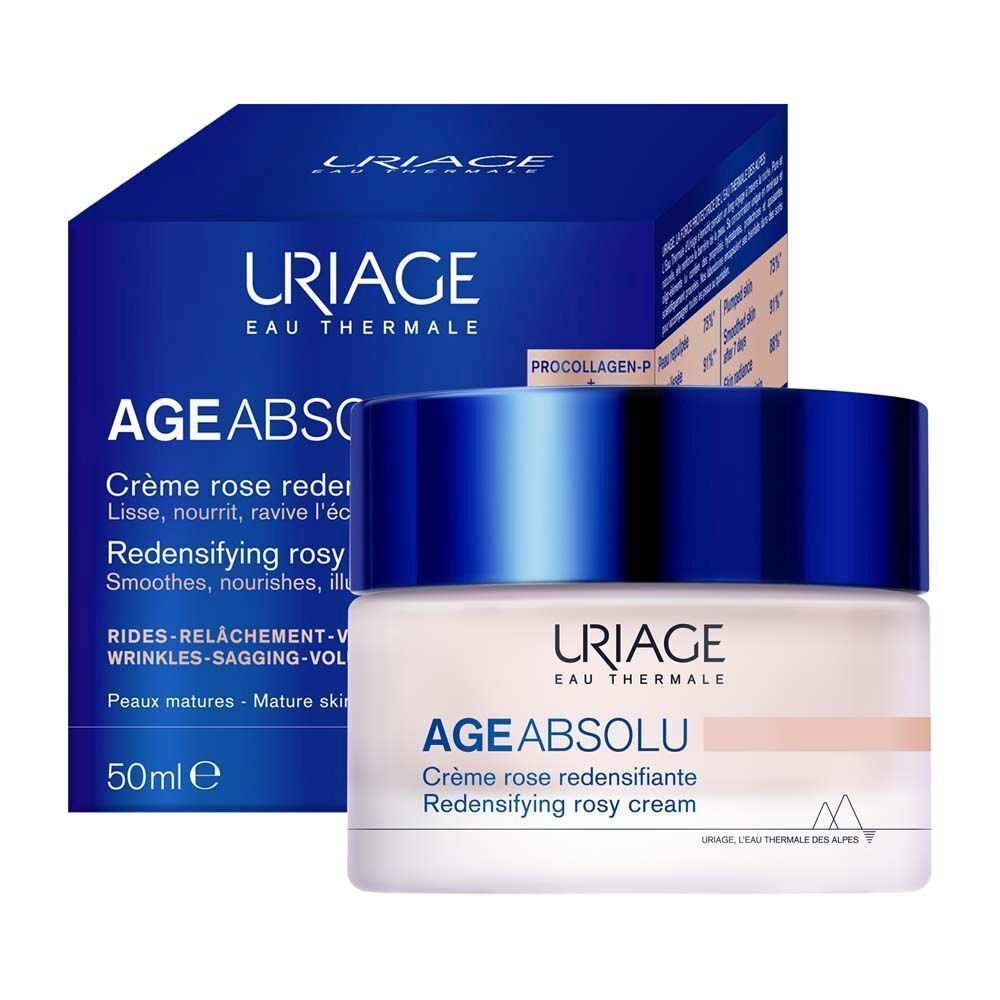 Pot et boîte. Texte : Uriage Age Absolu Crème Rose Redensifiante, 50ml.