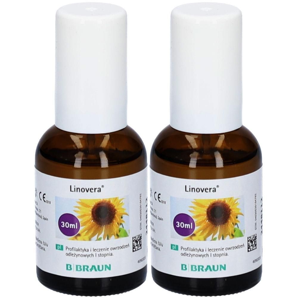 Deux flacons de 30ml d'huile Linovera avec un motif de tournesol sur l'étiquette.