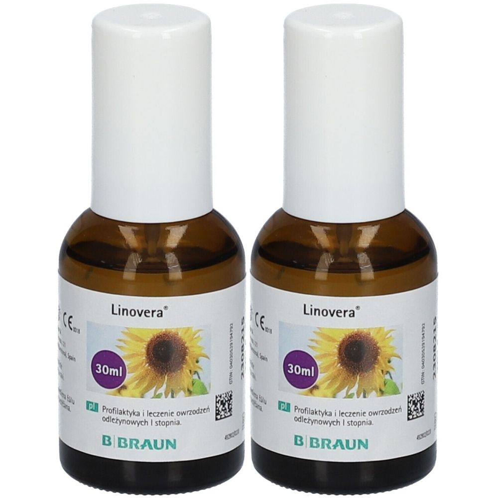 Deux flacons de 30ml d'huile Linovera avec un motif de tournesol sur l'étiquette.