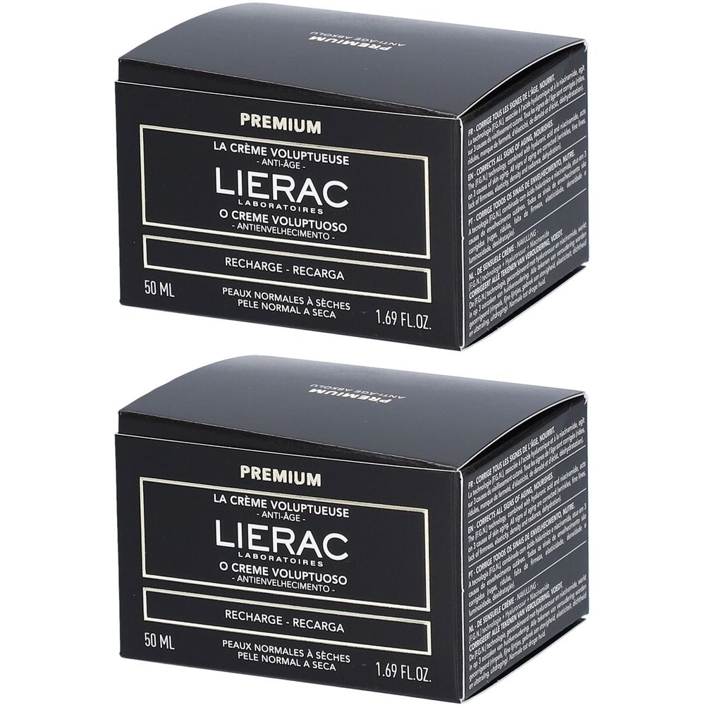 Twee zwarte dozen. Opschrift: Lierac Premium La Crème Voluptueuse, Anti-Age, 50 ml, Recharge.