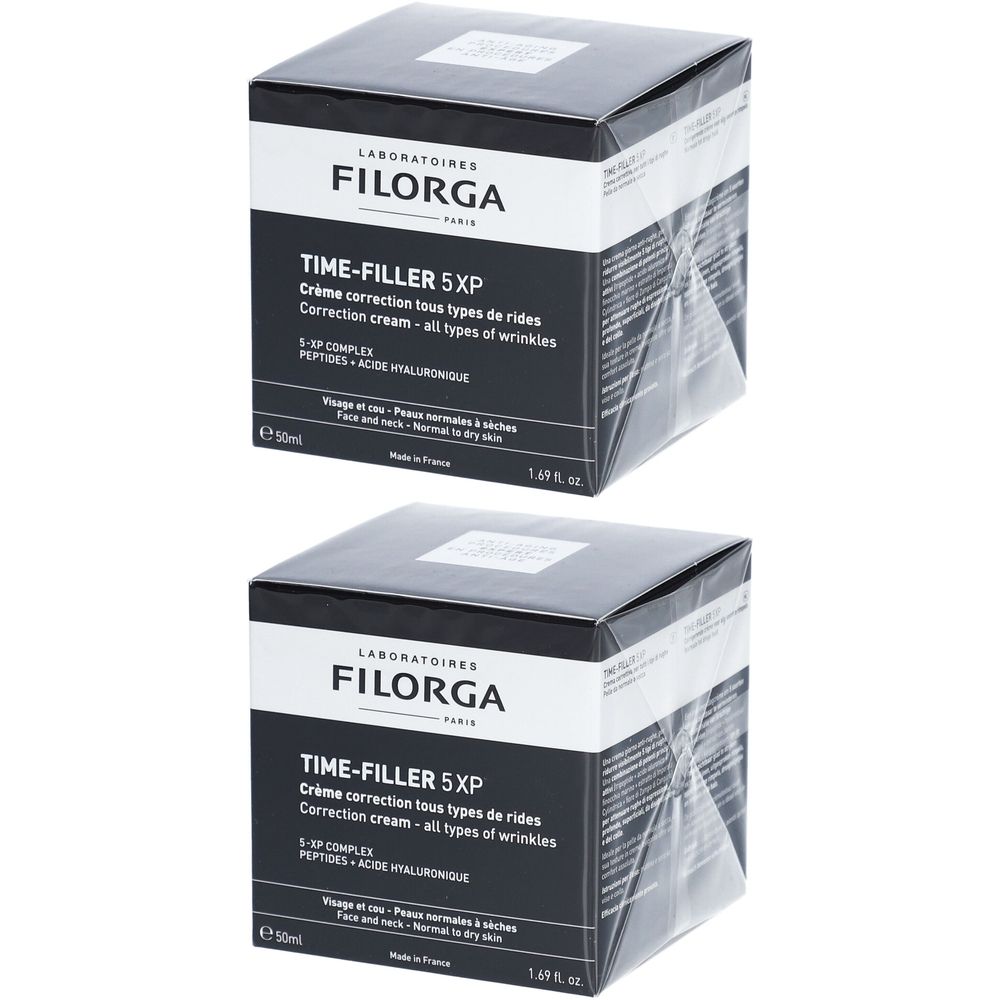 Twee vierkante dozen. Opschrift: FILORGA, TIME-FILLER 5XP. Crème tegen rimpels. Voor normale tot droge huid. 50ml.