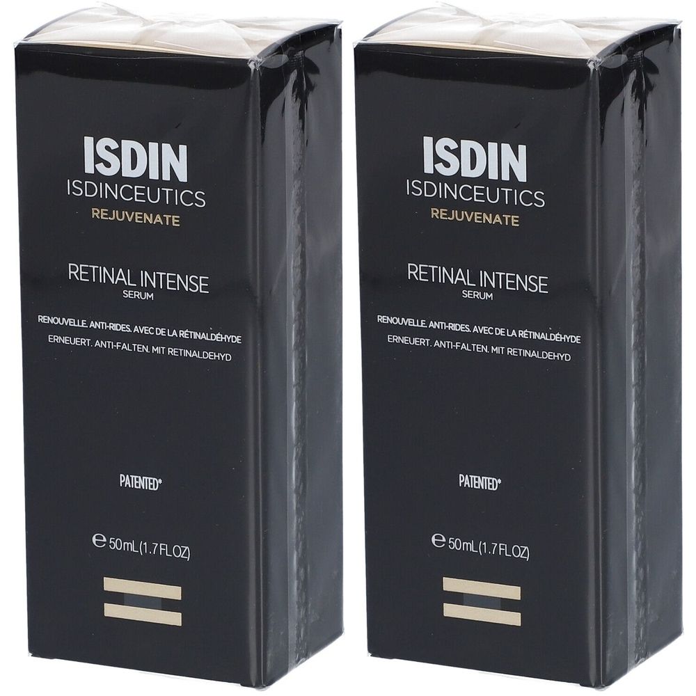 Twee zwarte dozen met productinformatie. Opschrift: ISDIN, Retinal Intense Serum. Bevat 50ml.