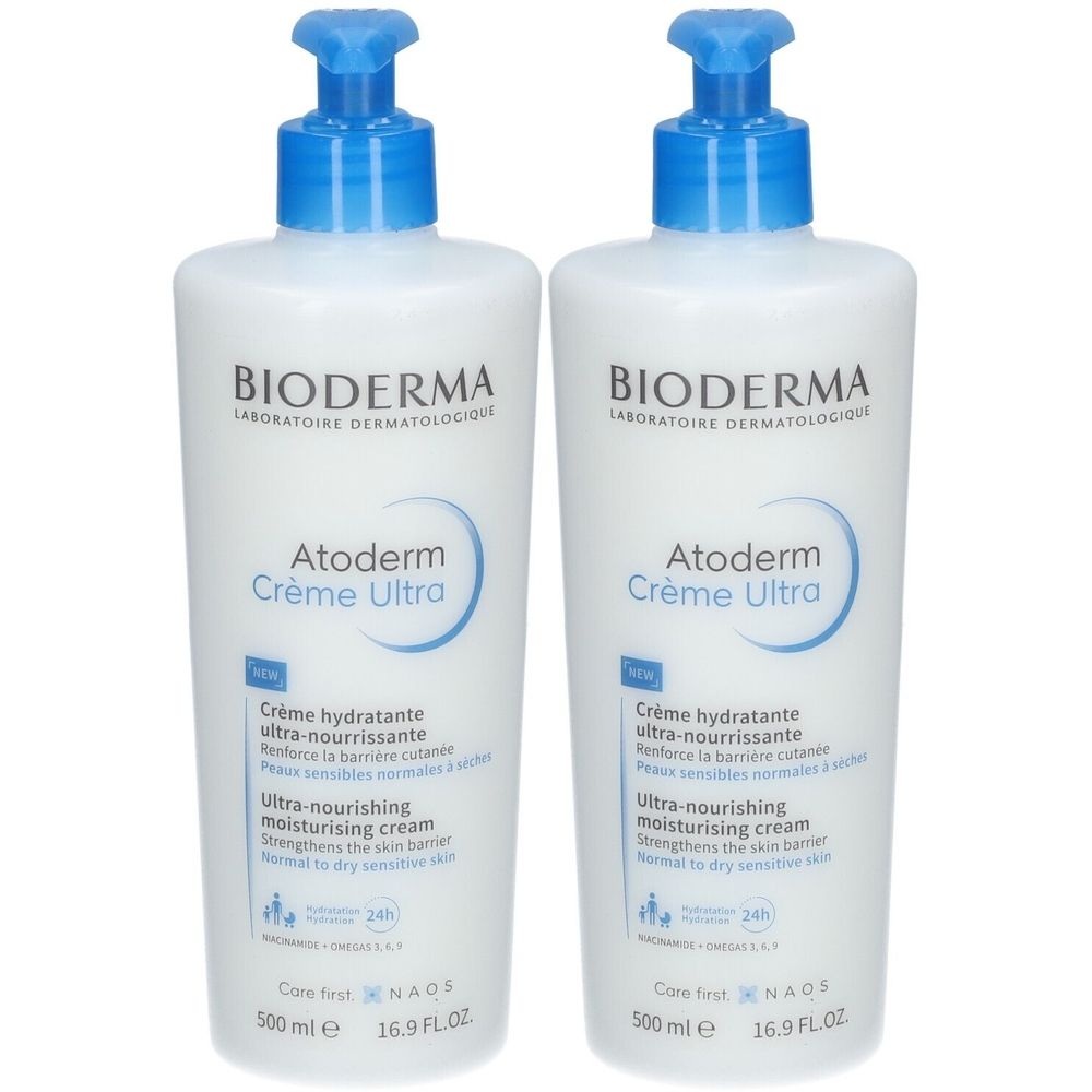 Twee witte flessen Bioderma Atoderm Crème Ultra met blauwe pomp. Tekst: Crème hydratante, Ultra-nourrissante.